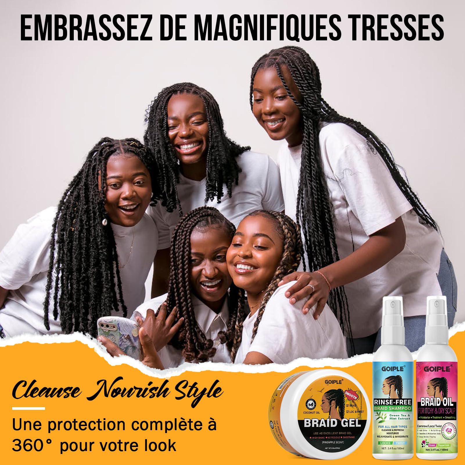 Coffret Gel Cheveux Bouclés avec Shampoing Tressé et Huile Spray – Lissant pour Twists, Locs, Tresses, Cornrows et Contrôle des Bords – Gel Cheveux Afro Kit Soin Coiffant Tressé Facile à Utiliser