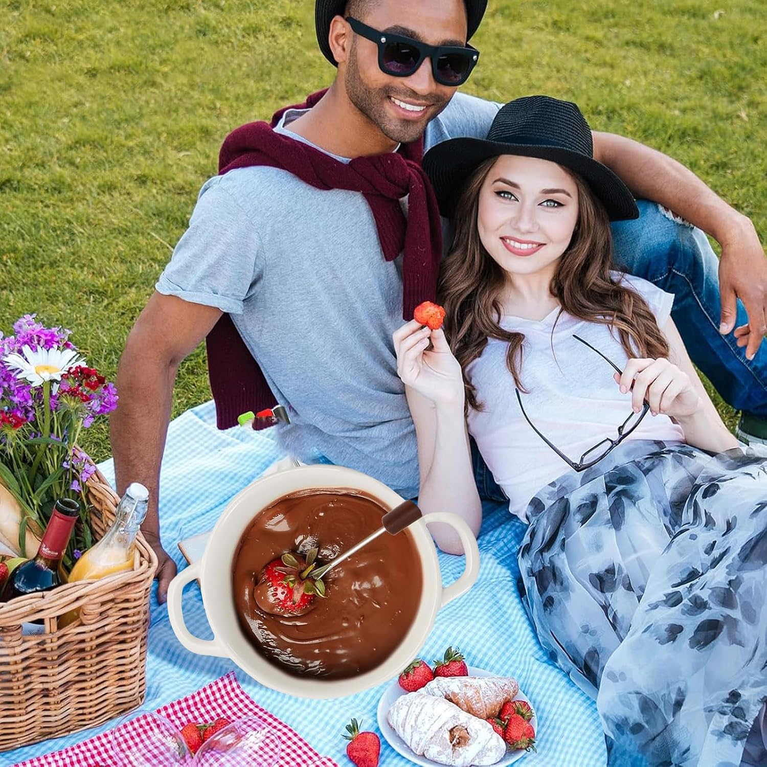 Ceramic Fondue Set with 2 Forks, Chocolate Fondue Pot Melt Hot Pot Bowl Set for Cheese, Chocolate and Caramel - White