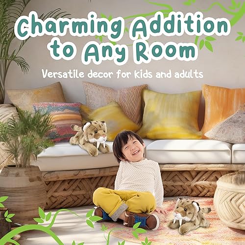 Miniatura 6 de Forest & Twelfth Animal de peluche acostado, realista de 9.5 pulgadas, suave juguete de peluche de tigre de diente de sable para abrazar, hora de