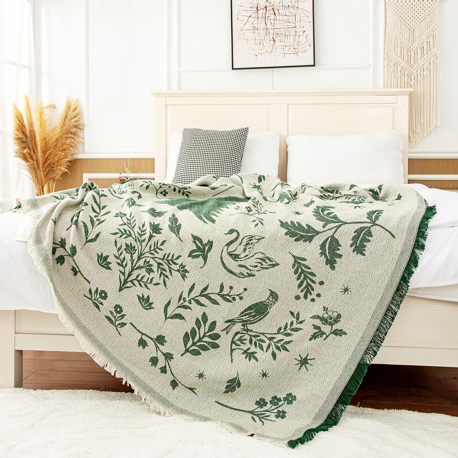 LALIFIT Boho Chic Decorative Throw Blanket Vintage Woodland Floral Bird Design with Tassels Soft Cotton Lightweight & Cozy for Home, Couch, Sofa, Farmhouse 50x60 Inches (Forest Green) - Image 2