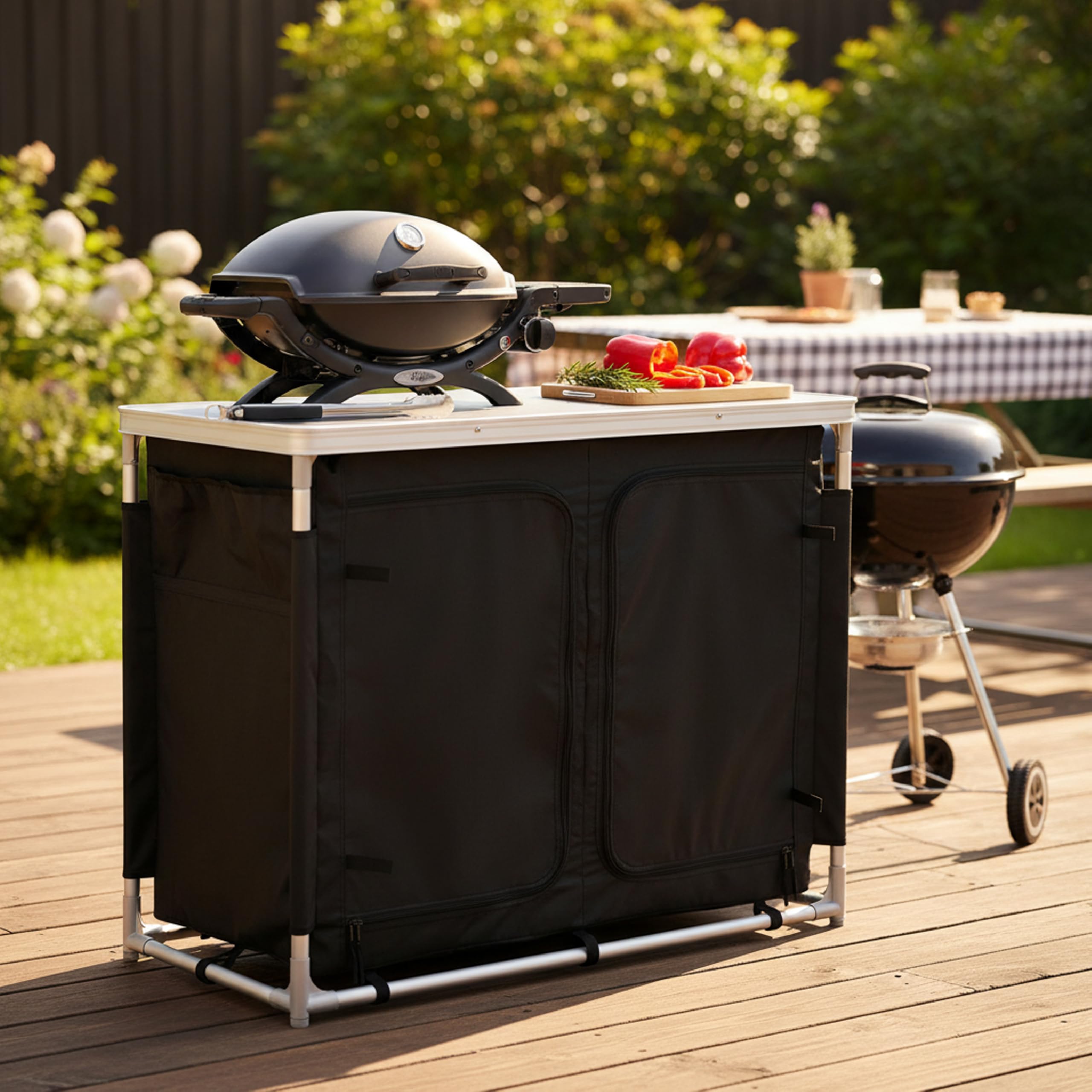 Baroni Home Armadietto da Campeggio Pieghevole, Armadio Salvaspazio con Ripiani Interni, Struttura in Alluminio, Barbecue, Picnic e Outdoor, 96x48x79 cm (Nero)
