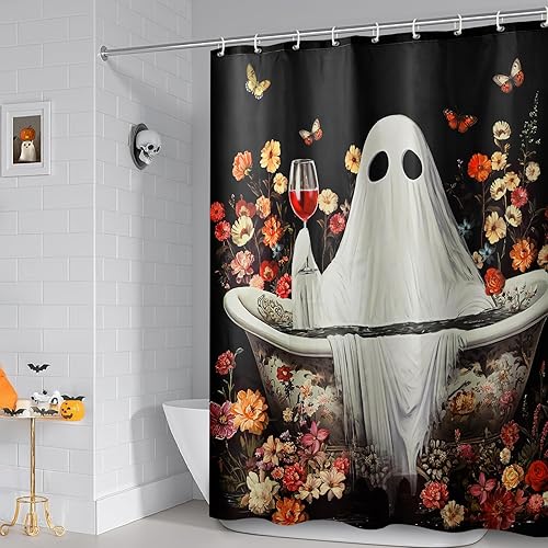 Miniatura 6 de MelonBoat Cortina de ducha de Halloween juego de cortina de ducha rústica de fantasma, divertidas decoraciones de baño para decoración de interiores