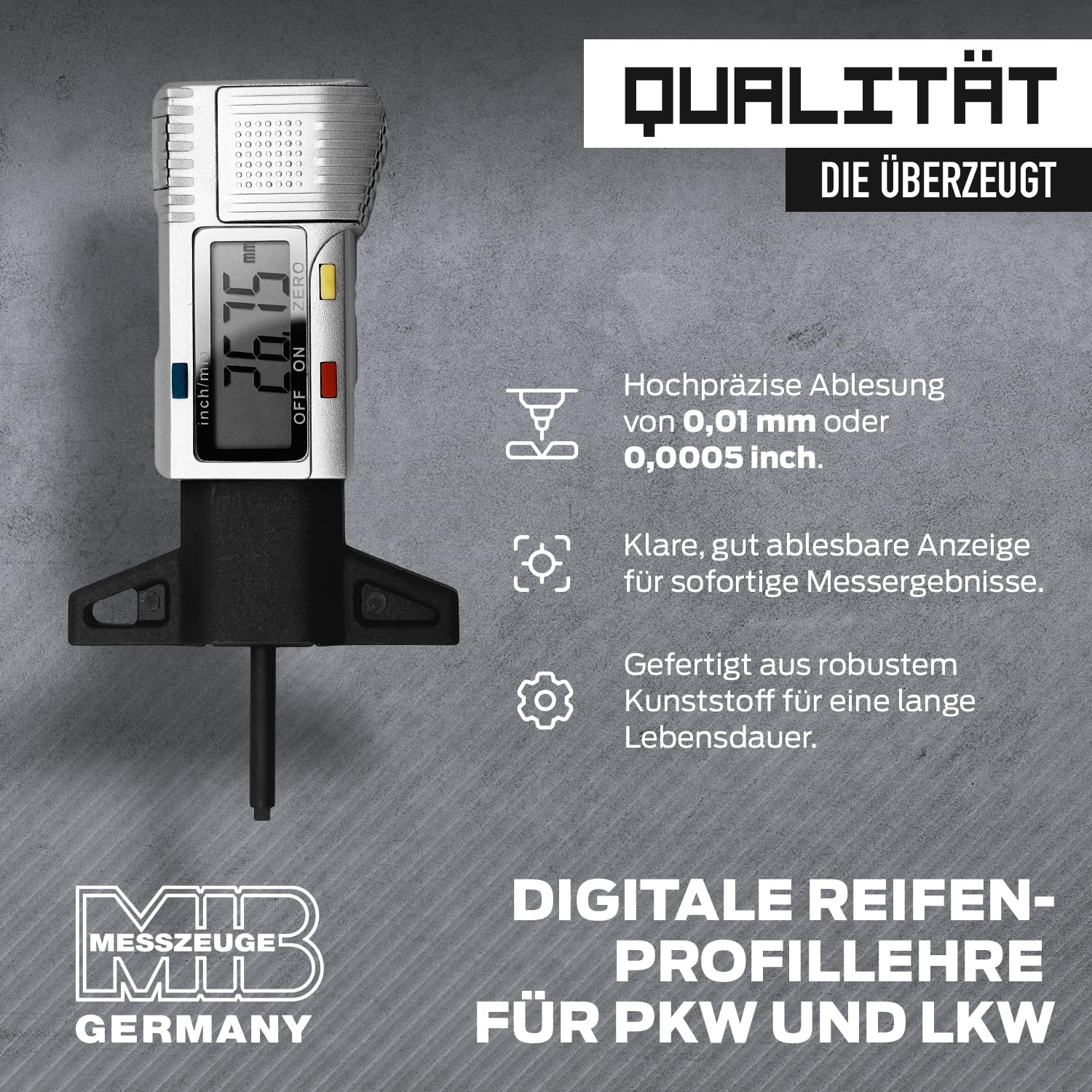 MIB Digitale Reifen-Profillehre für PKW & LKW Nr. 615/3 | Reifenprofilmesser | Tiefenmesser aus Kunststoff | Profiltiefenmesser für Autoreifen | Messwerkzeug | Messbereich 30mm | inkl. Batterie & Etui