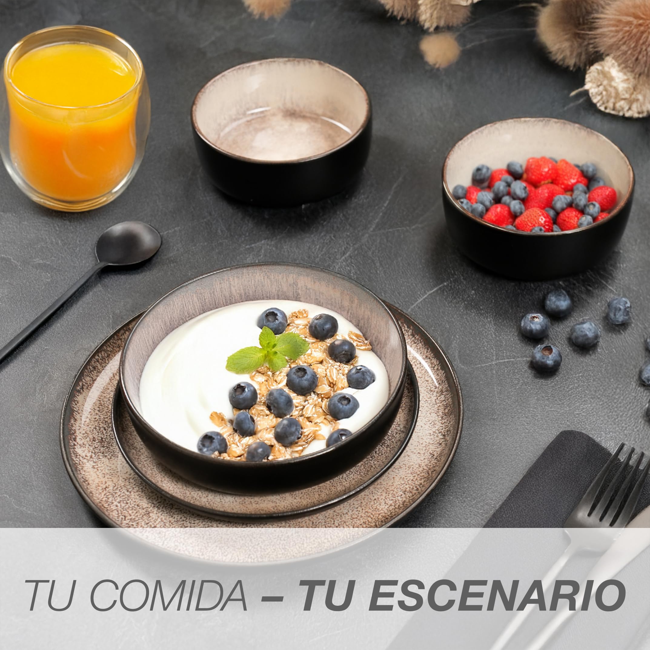 Moritz & Moritz VIDA Juego de 18 piezas de platos de mesa Juego de vajilla combinada en beige para 6 personas - de porcelana apta para el lavavajillas y el microondas