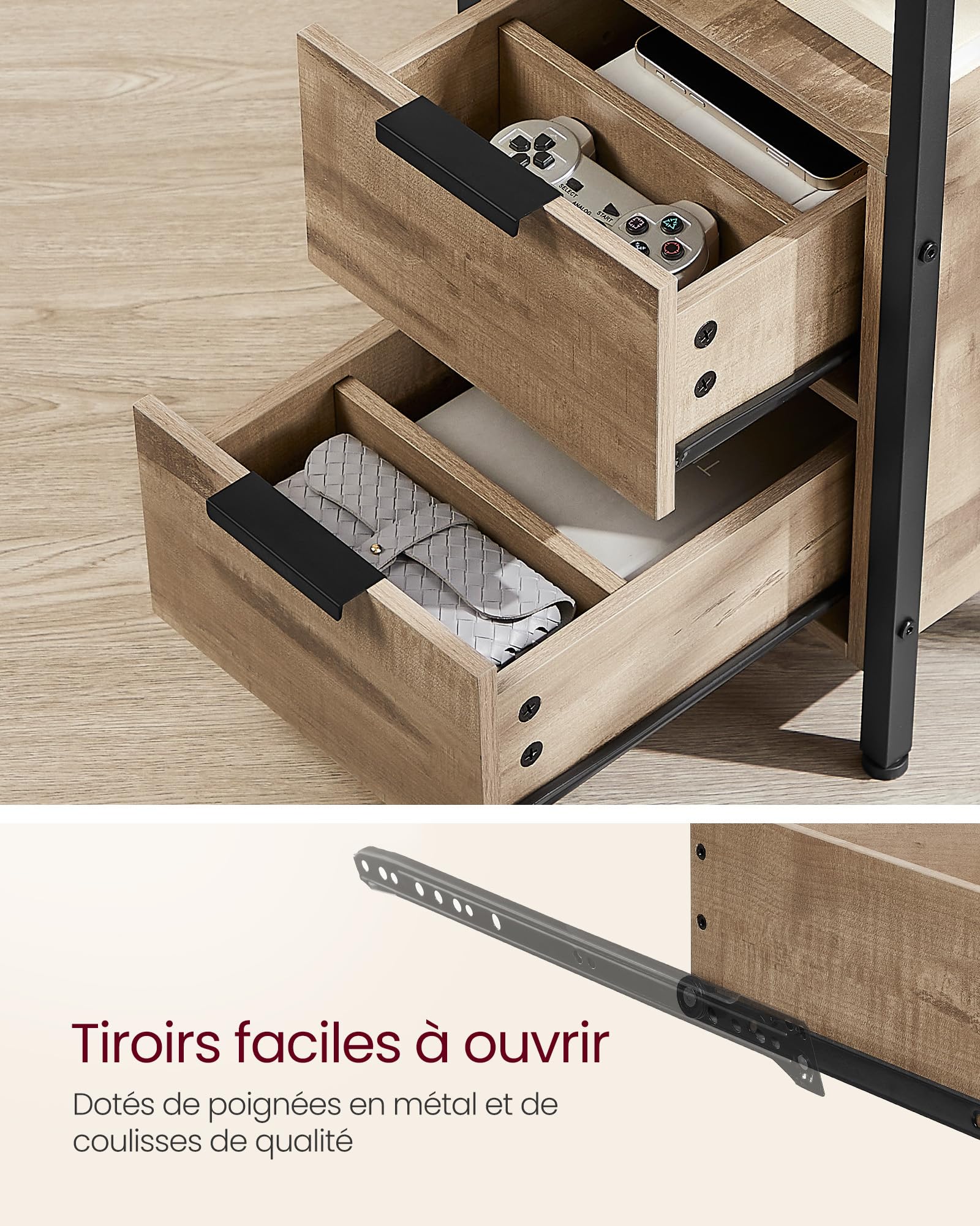 VASAGLE Table d’Appoint avec Multiprise, Petite et Fine avec 2 Tiroirs, Table de Chevet avec Rangement, pour Salon, Chambre, Marron Camel et Noir d'encre LET325K01