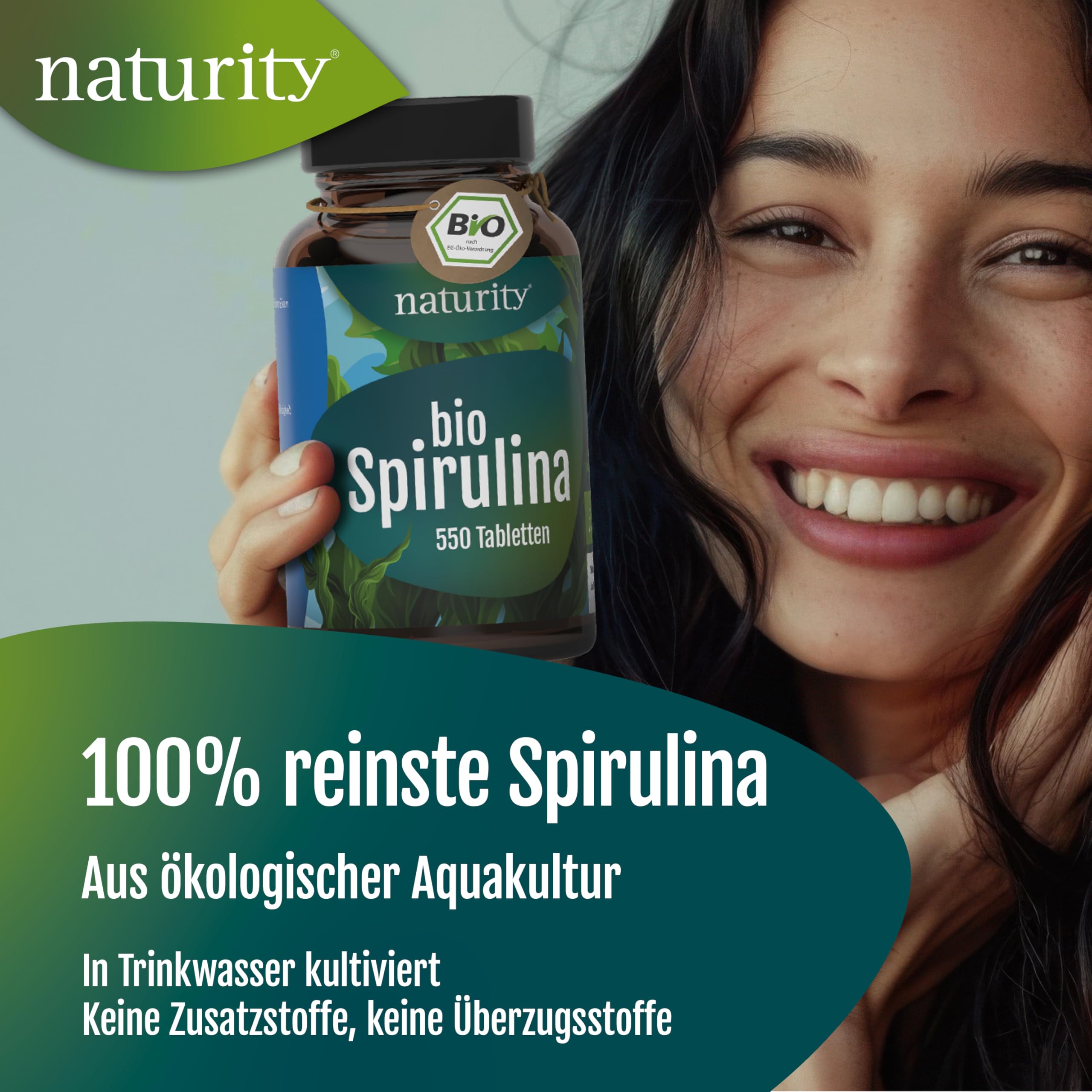 BIO Spirulina Tabletten I 550 Presslinge, 100% gemahlene Spirulina I Mit natürlichem Eisen-Gehalt I Ökologisch kultiviert & Bio-zertifiziert I Vegan, ohne Zusätze & Rückstände I Naturity