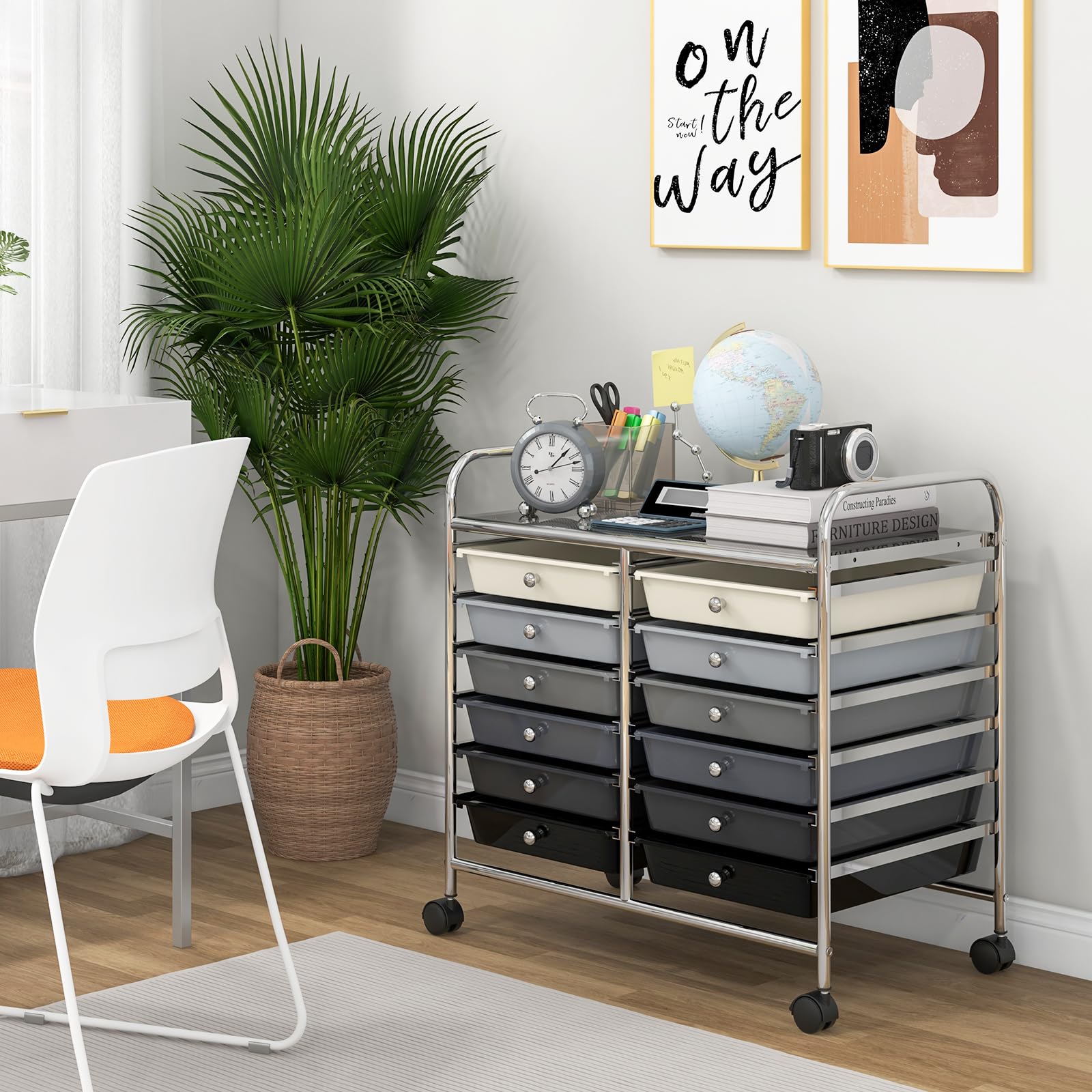 GIANTEX Carrello con 12 cassetti impilabili, carrello per cassetti con ruote e piano di lavoro, carrello per soggiorno, cucina, camera da letto e uffici, 64 x 38 x 62 cm (nero e grigio)