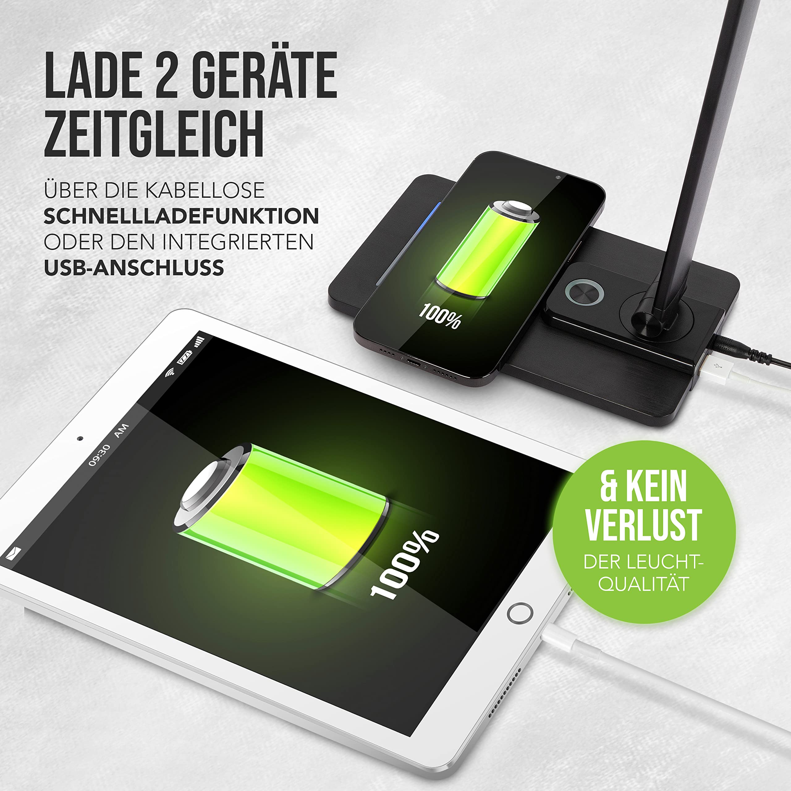 SMARTIVE | Design Schreibtischlampe mit kabelloser Ladefunktion - LED Bürolampe mit 10W wireless charging - augenschonendes Licht dimmbar und Laden ohne Kabel | desk lamp schwarz + USB Ausgang