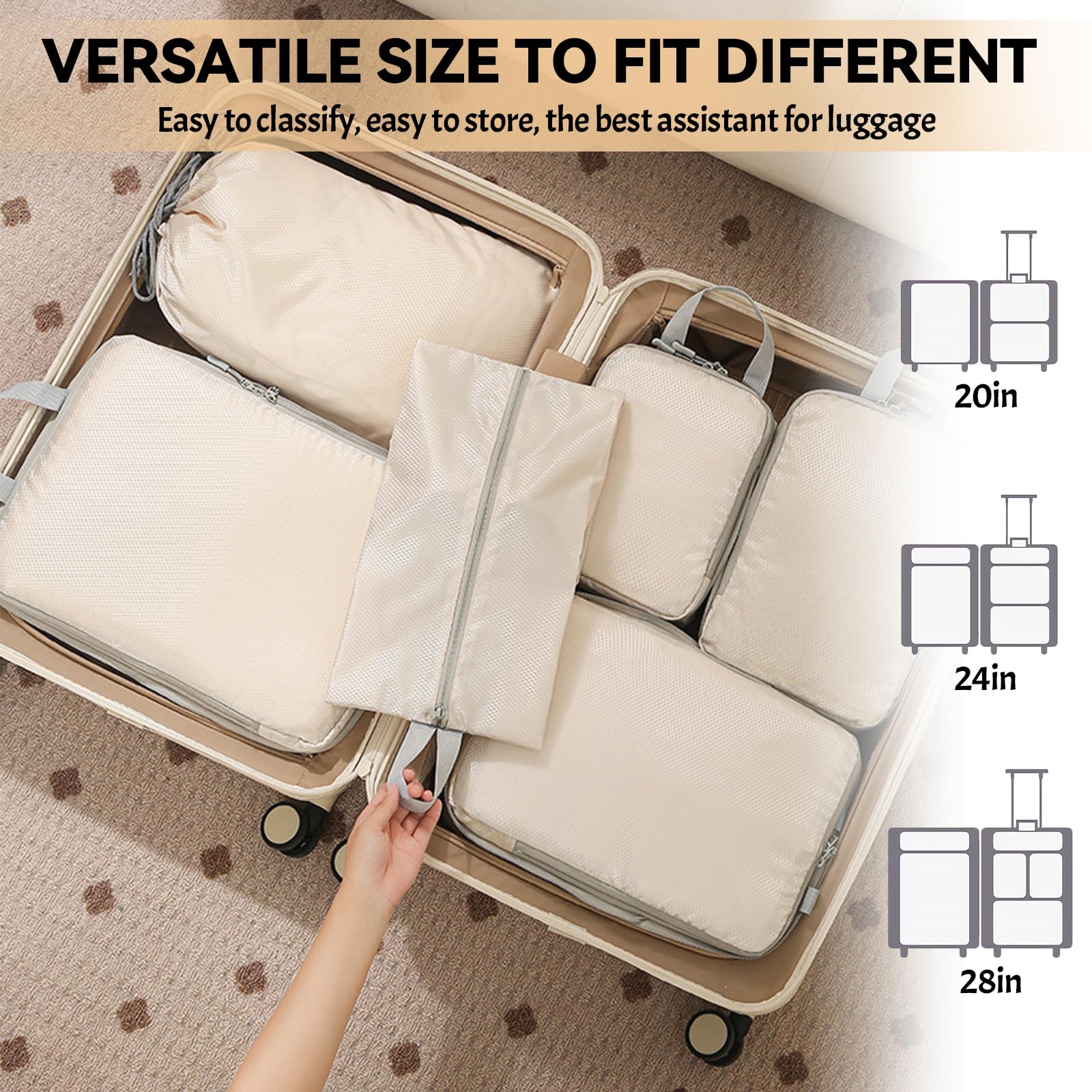 Organizer Valigia 8 Pezzi Set, Packing Cubes Compression Organizzatori Valigia Viaggio Vacanze e Viaggi, Organizer Valigie Set, organizer valigia salvaspazio(Beige)