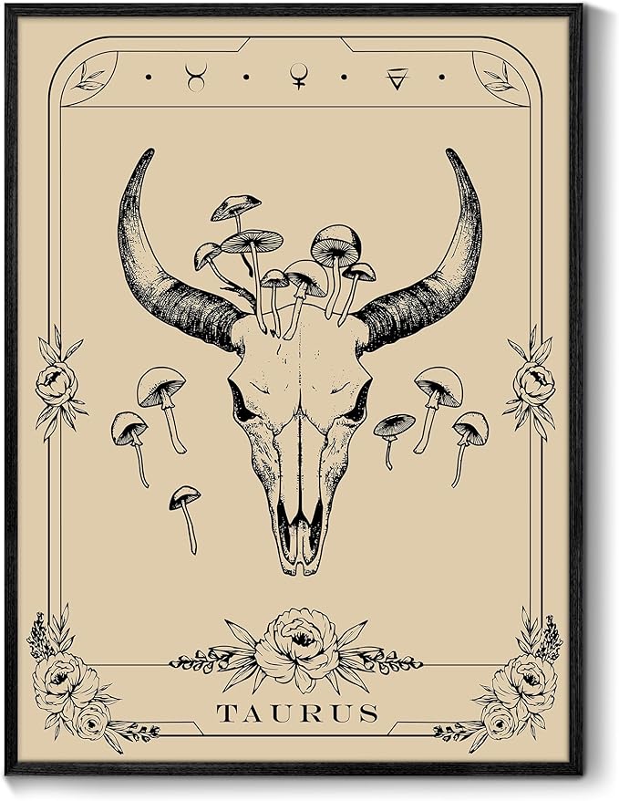 SERIMINO Witchy Framed Wall Art, Taurus Tarot Canvas Prints Paintings, Horoscope Dark Academia Home Decor Aesthetic, 12X16inch Gothic Wall Decor for Room