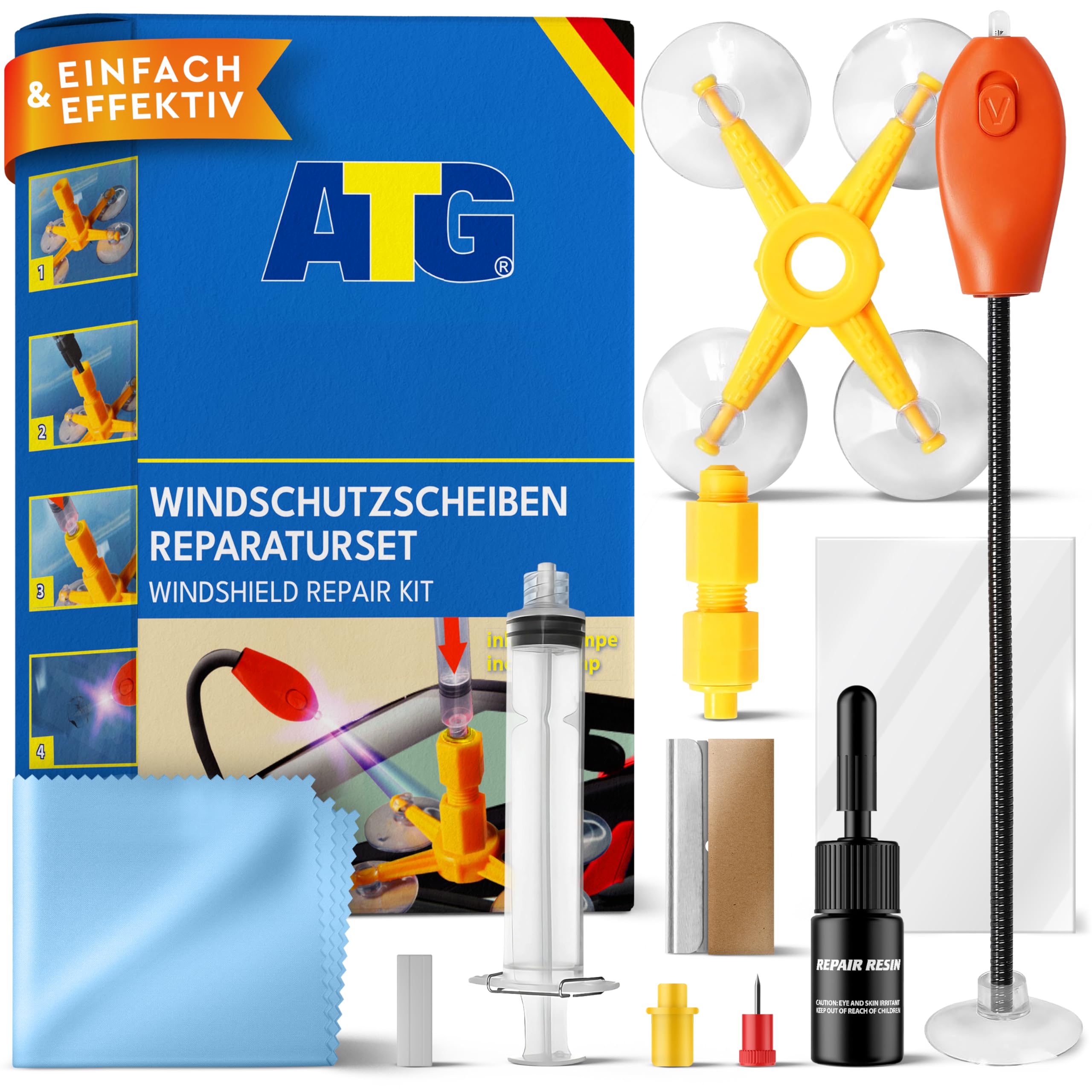 ATG® Steinschlag Reparaturset Windschutzscheibe mit UV-Lampe – Steinschlag Reparaturset zur Rissstabilisierung, Windschutzscheibe Reparaturset & Glas Reparatur Set für Autoglas