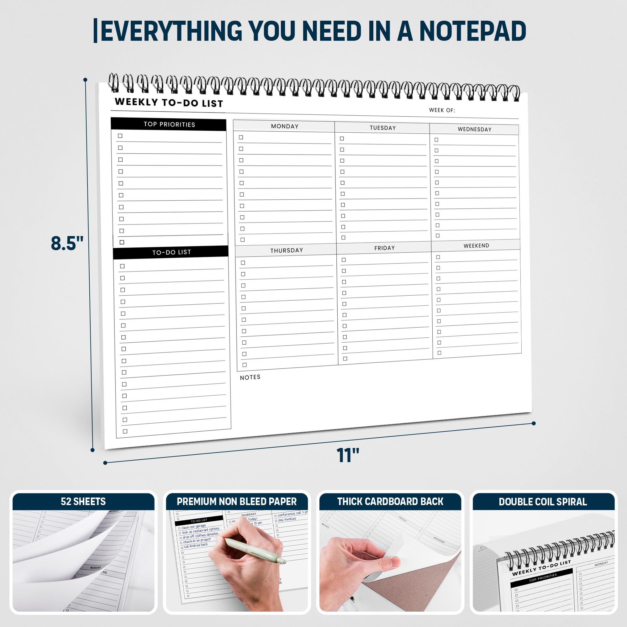 Agenda settimanale a spirale per lista delle cose da fare, 21,6 x 27,9 cm, 52 fogli, blocco note da scrivania con sezioni multiple, lista di controllo per pianificazione non datata, agenda