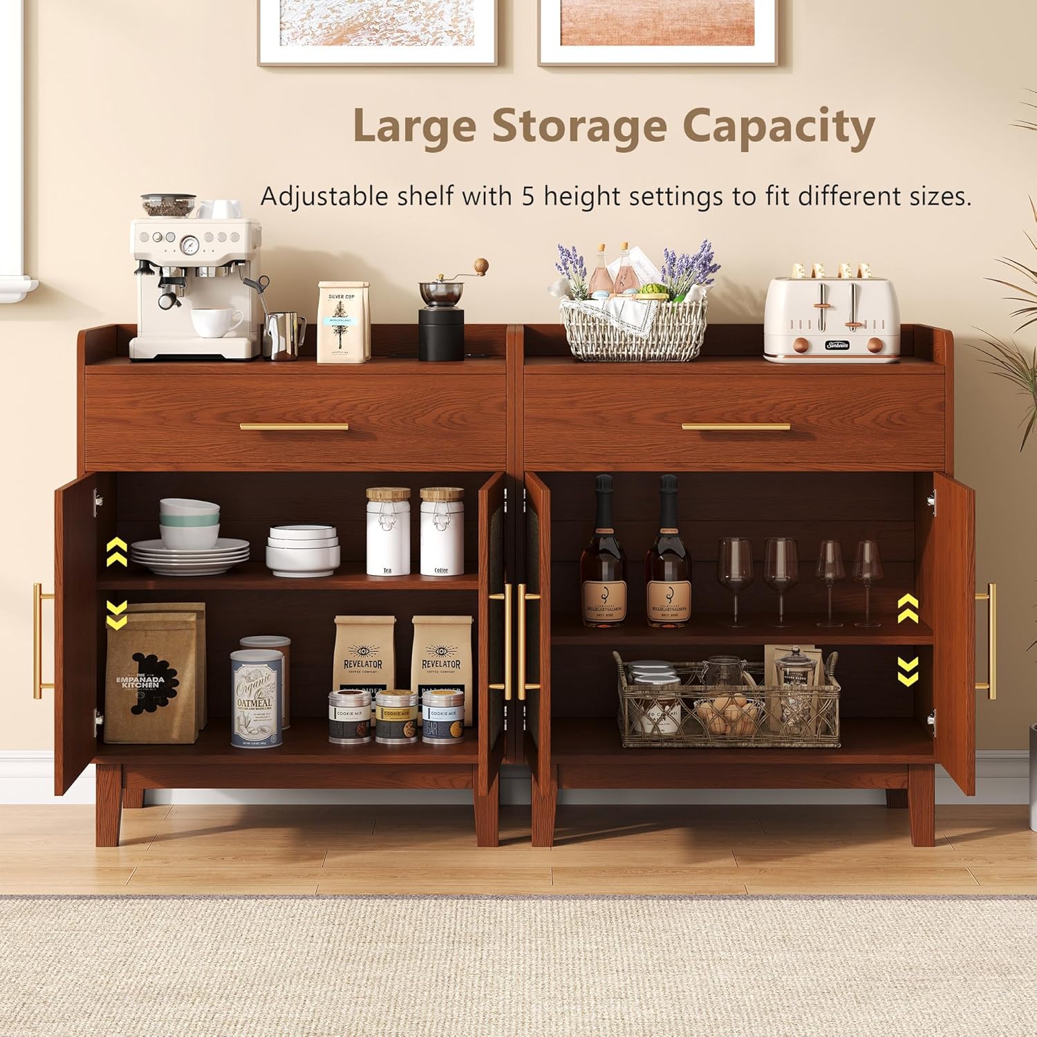 30" Rattan Sideboard Buffet Cabinet with Storage and Drawer, Boho Coffee Bar with Charging Station, Wood Accent Cabinet with Adjustable Shelf & 2 Door for Kitchen, Living Room, Entryway, Walnut