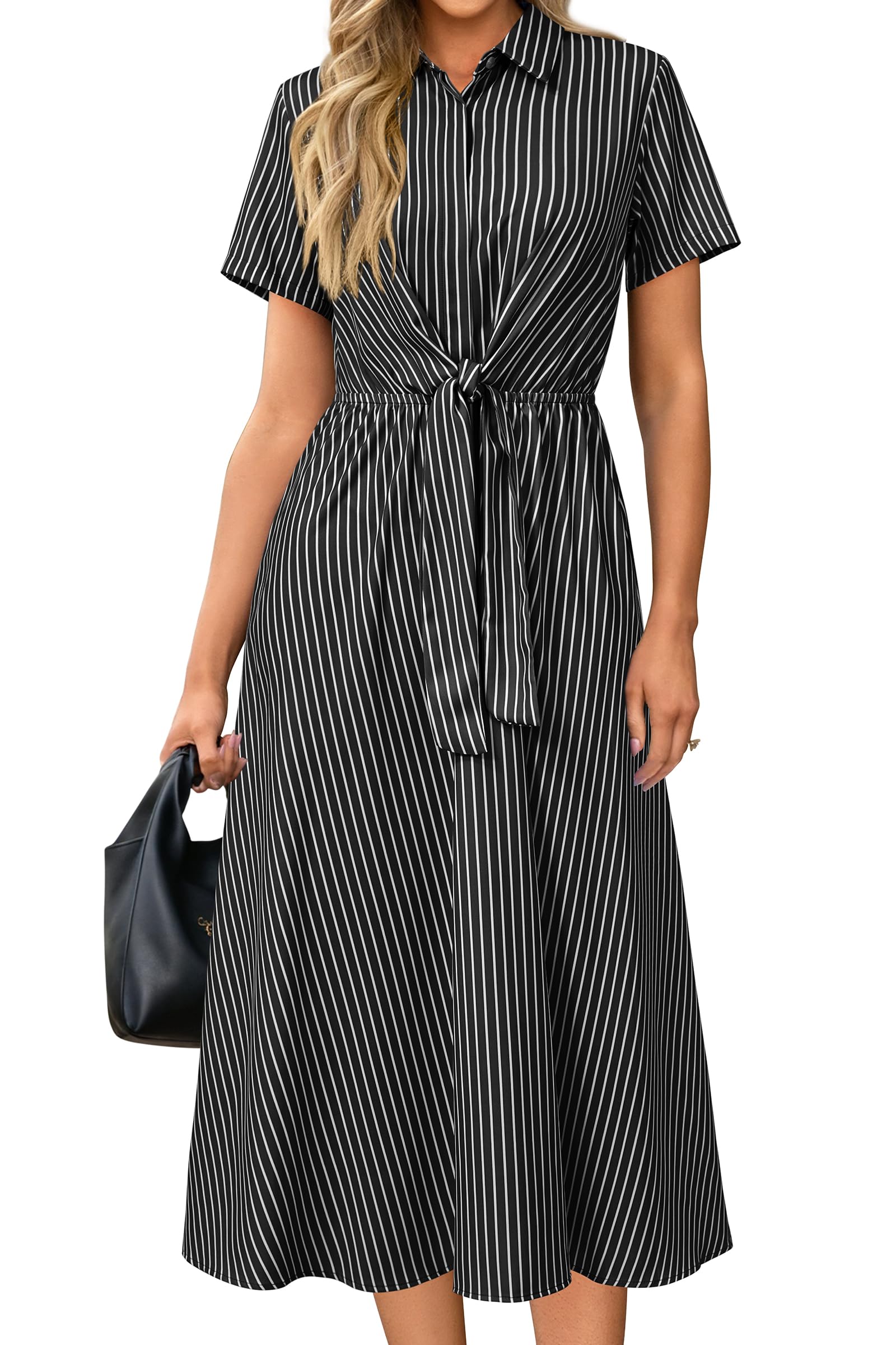 Newshows Women's Work Business Casual Outfits Tie Waist Midi Shirt Dress