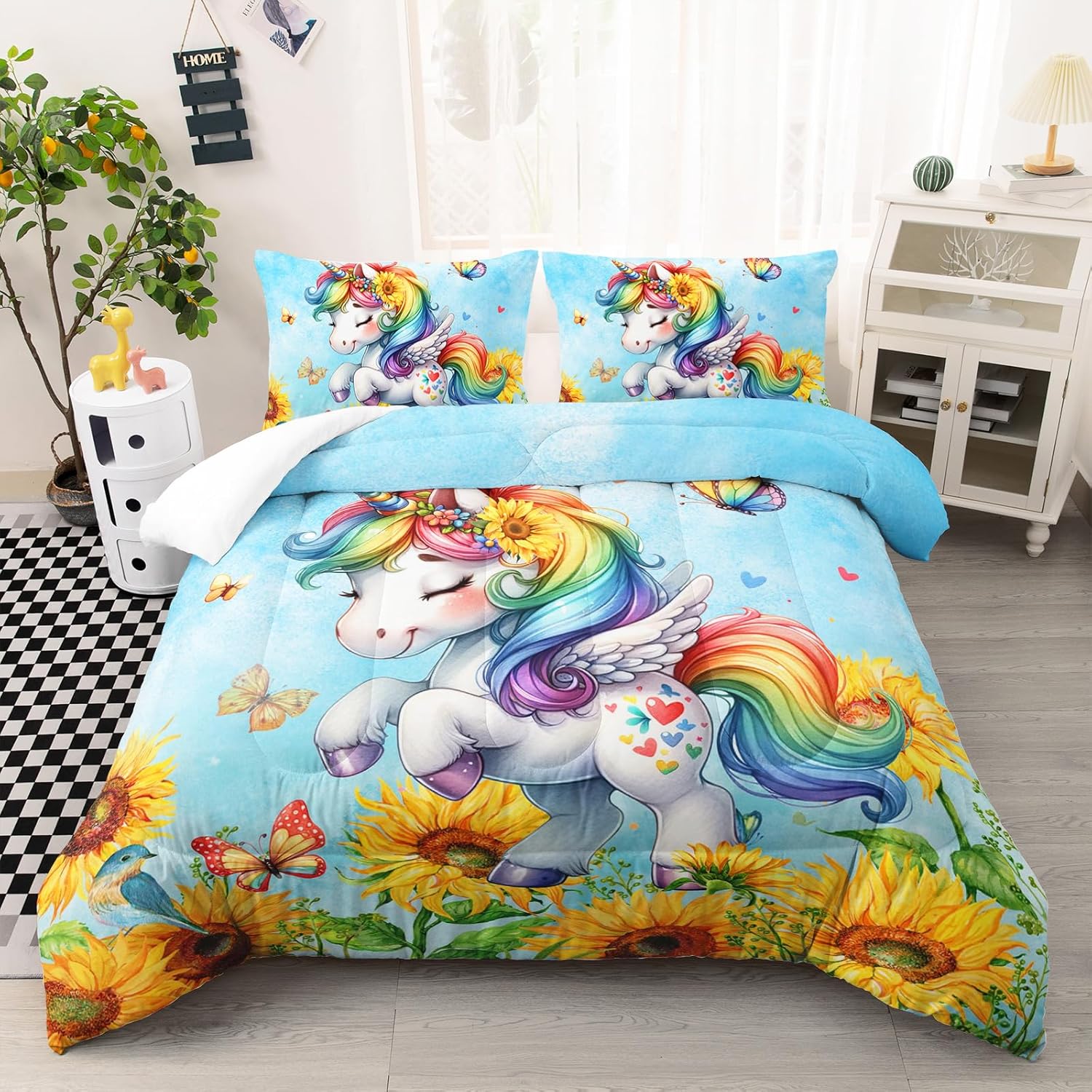 Cute Unicorn Comforter Set Full Size, Yellow Sunflower Unicorn Bedding Set 3pcs for Kids Girls, Soft Polyester Bedding Style 7 Full