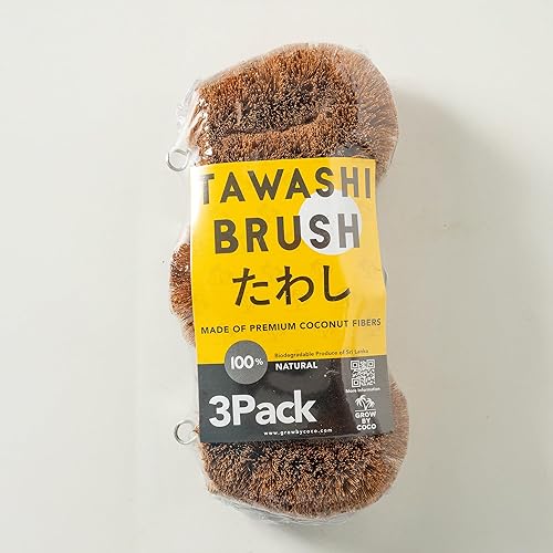 Paquete de 3 cepillos de fibra de coco 100% natural Tawashi, cepillo para fregar vegetales, ideal para frotar frutas, necesidades de limpieza de