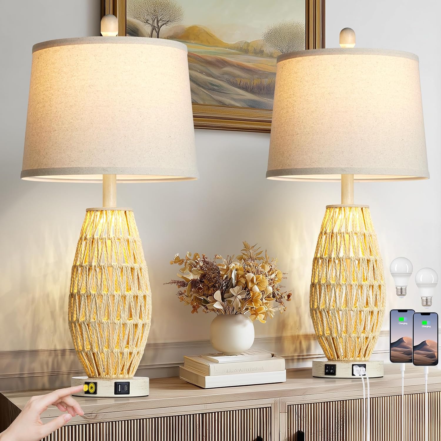 27" Beige Boho Rattan Lamps Set of 2, Coastal Natural Bedroom Table Lamps with Night Light, Woven Wicker Bedside Nightstand Lamp with USB A+C Charging Port, Farmhouse Lamp for Living Room