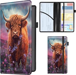 Leather Car Document Holder-Vehicle Registration & Insurance Card Organizer for Auto,Truck -ID & Driver's License Storage for Men Women,Cute Highland Cow