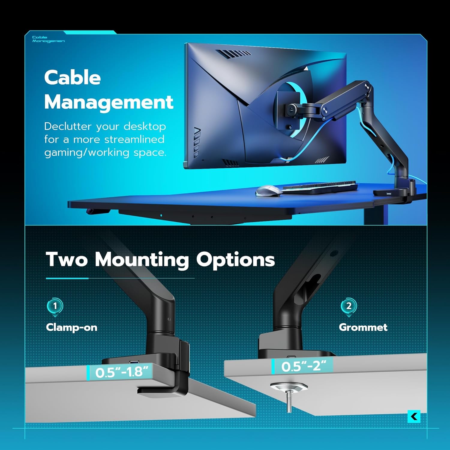ARES WING Ultrawide Monitor Arm with USB A/C, for 17 to 49 inch Heavy Duty Screen, Holds 44 lbs, Adjustable Gas Spring Arm Desk Mount with Clamp and Grommet Base, Black image 7 of 8 B0D2KTG7NQ