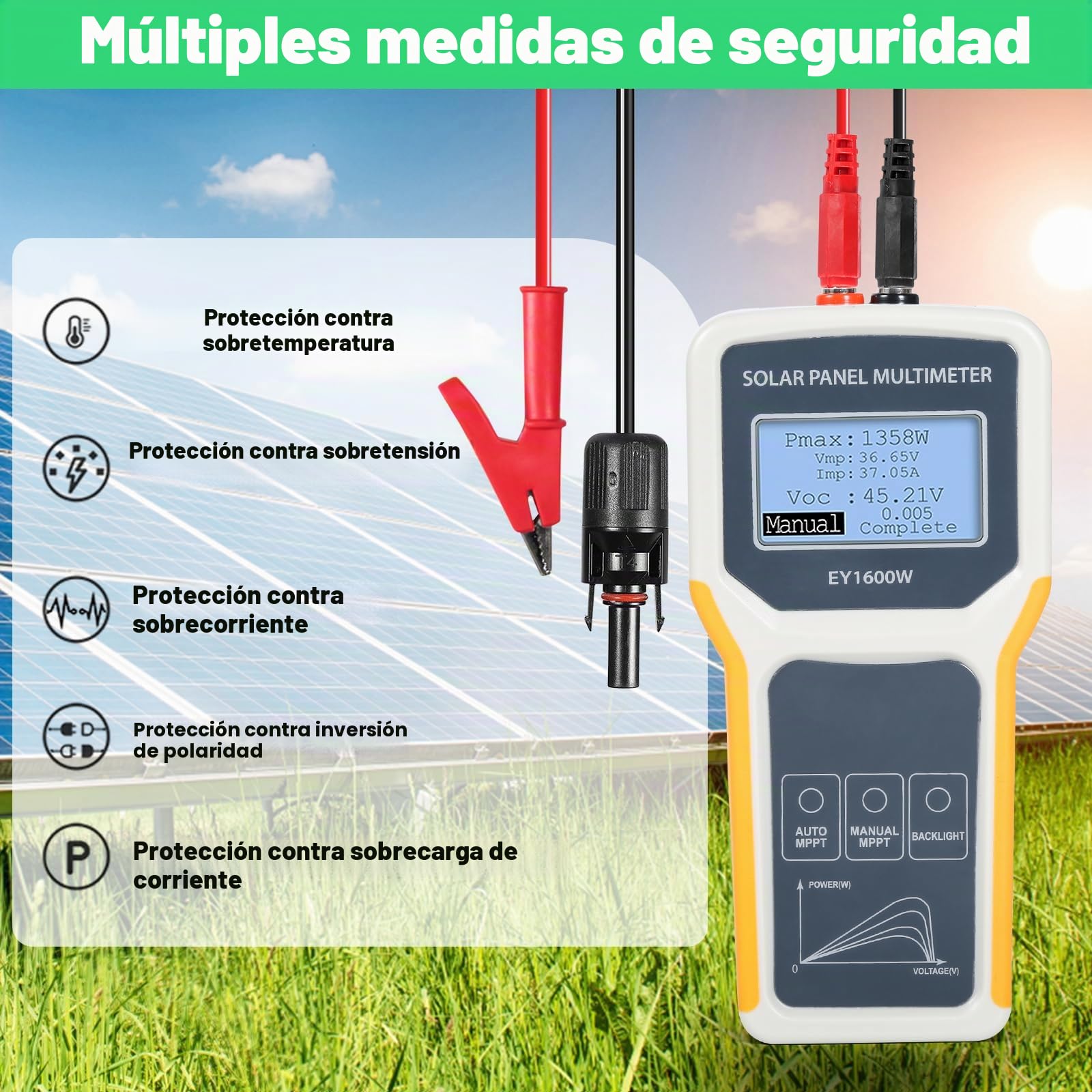 BuyWeek 1600W Panel Solar MPPT Tester, Multímetro Digital de Panel Fotovoltaico con Pantalla LCD Iluminar Desde el Fondo, No Requiere Energía Probador de voltaje de circuit para Panel Solar PV