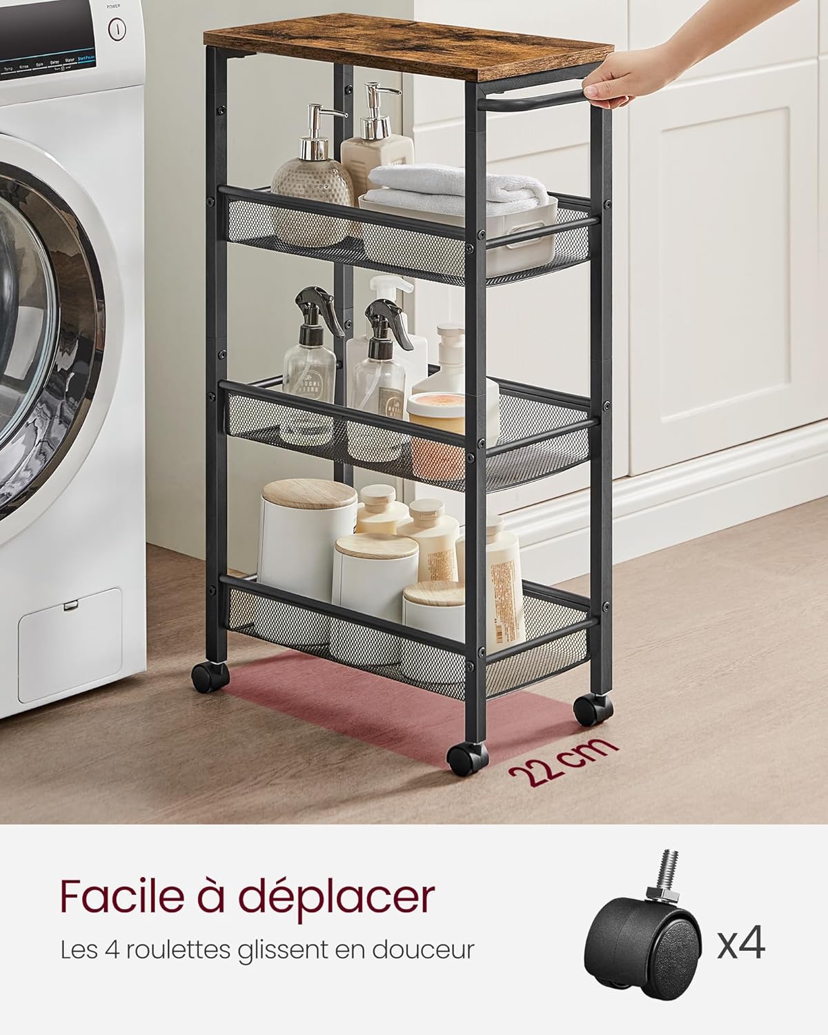 VASAGLE cart next to a washing machine, highlighting its slim 22 cm width