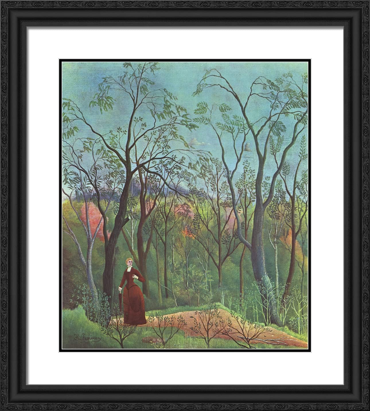 ArtDirect Rousseau, Henri 20x22 Black Ornate Framed Art Print with Double Matting Titled: The Walk in the Forest