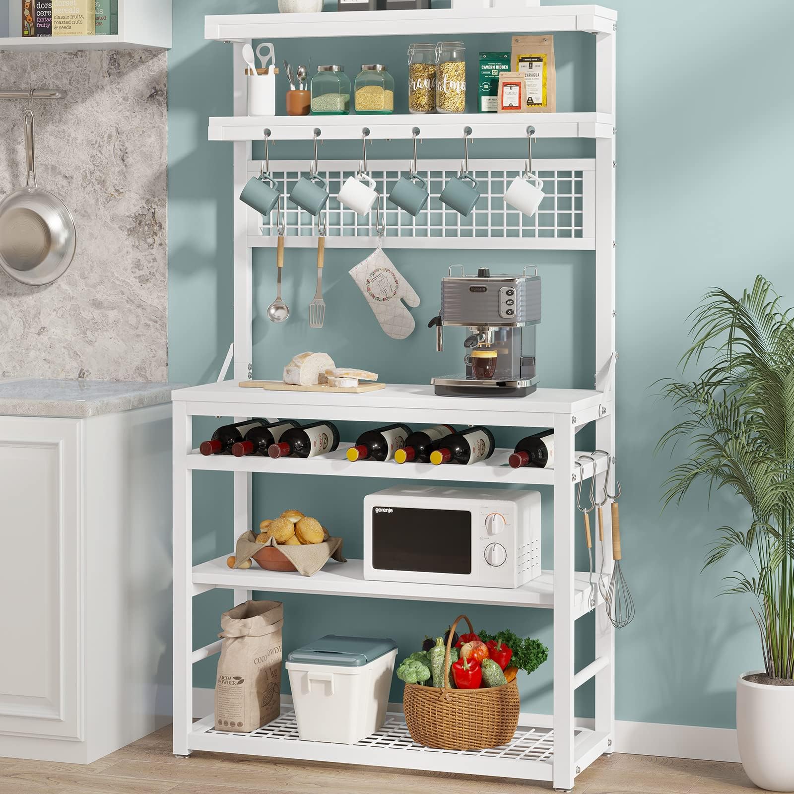 Itaar 6-Tier Baker's Rack, Industrial Coffee Bar, Microwave Stand with Wine Rack and 12 Hooks, Bakers Racks for Kitchens with Storage, White