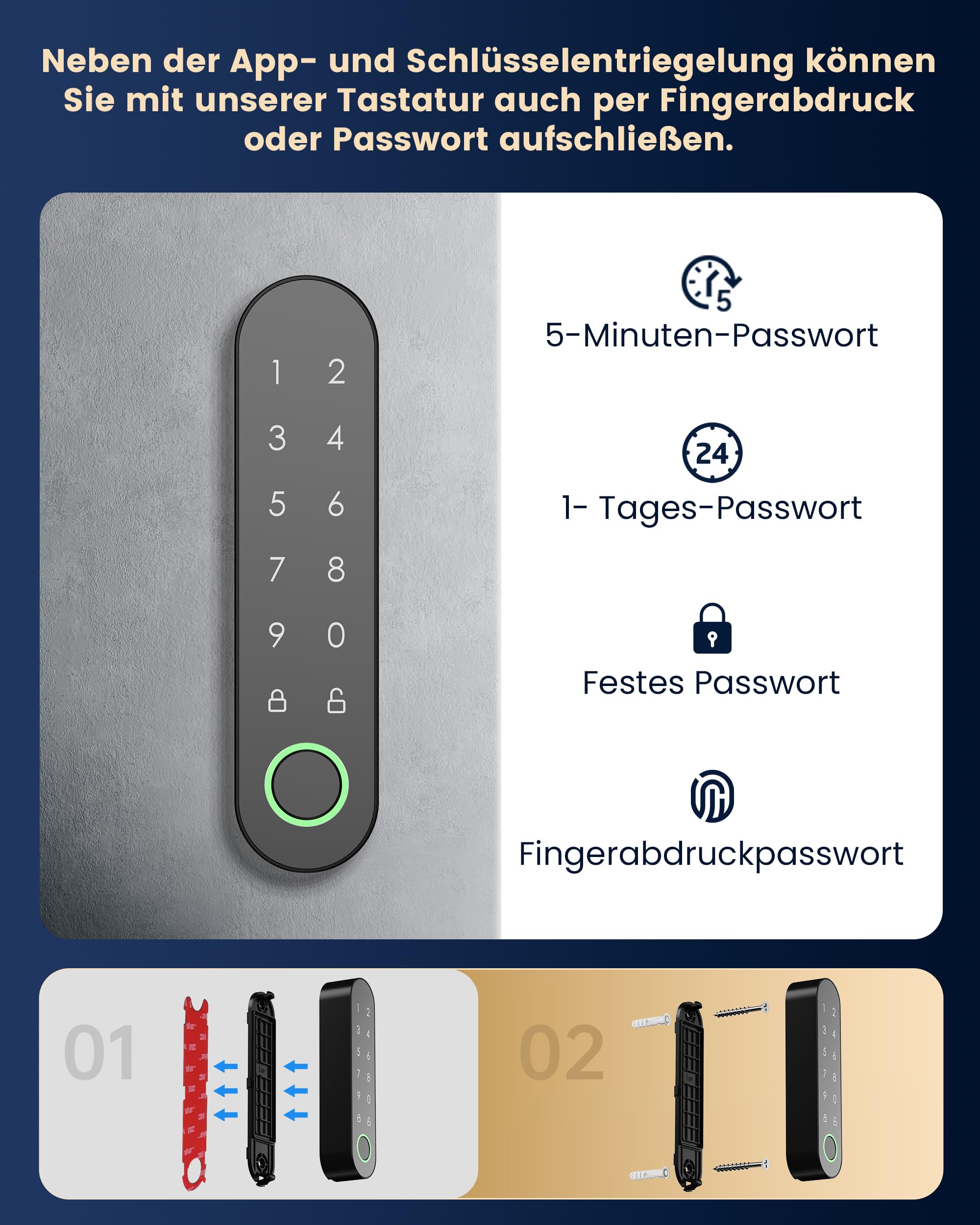 Signstek Smart Lock, Smartes Türschloss Fingerabdruck & Bluetooth – Nachrüstbarer Elektronischer Schloss Türöffner per App, Code, Smartphone, ohne Austausch des Schließzylinders (Schwarz)