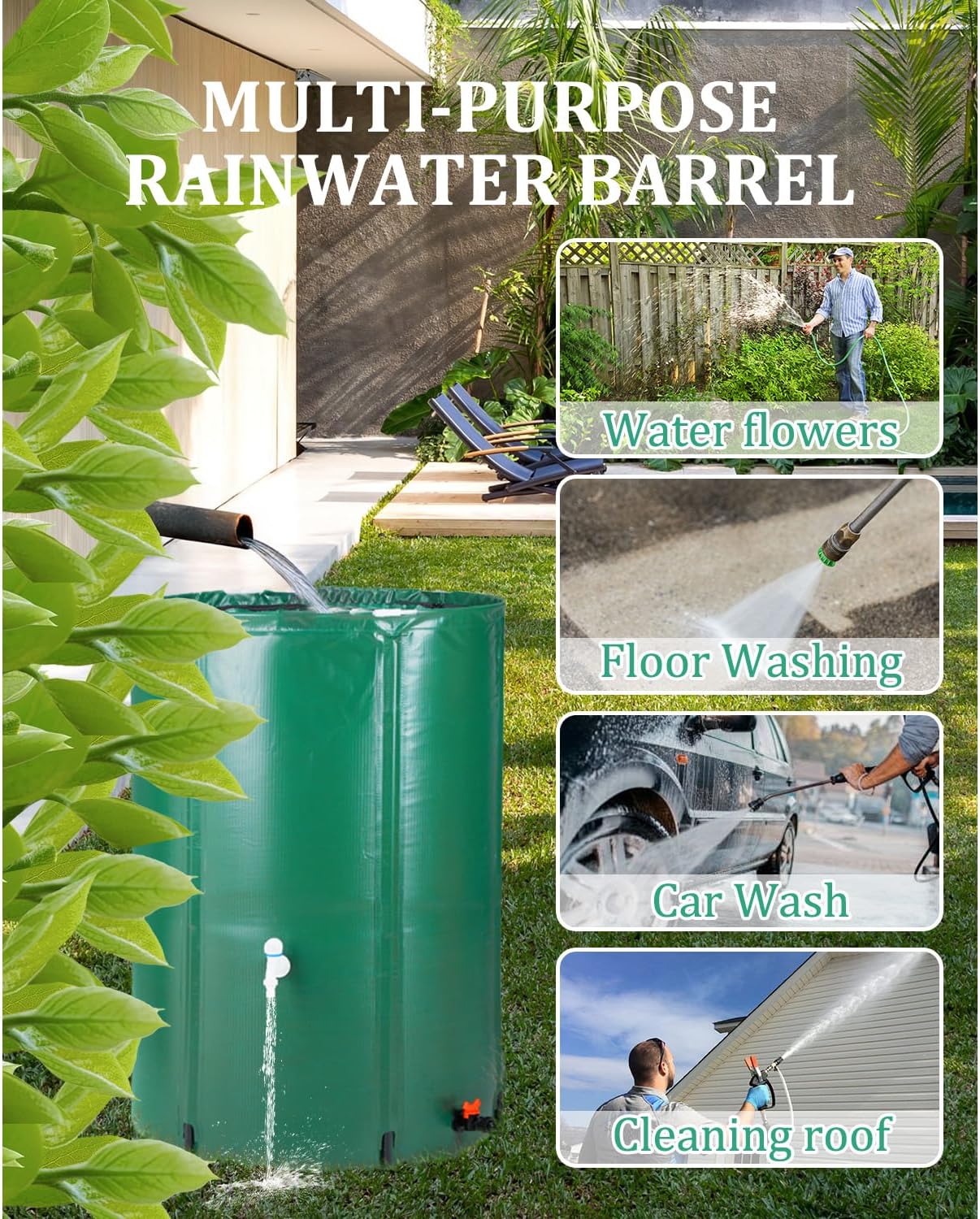 100 Gallon Collapsible Rain Barrel, Water Barrels Rain Catcher from Gutter, Rainwater Collection System Tank with 2 Spigot&Overflow Kit, Eco-Friendly Rain Collection Barrel for Garden, Patio