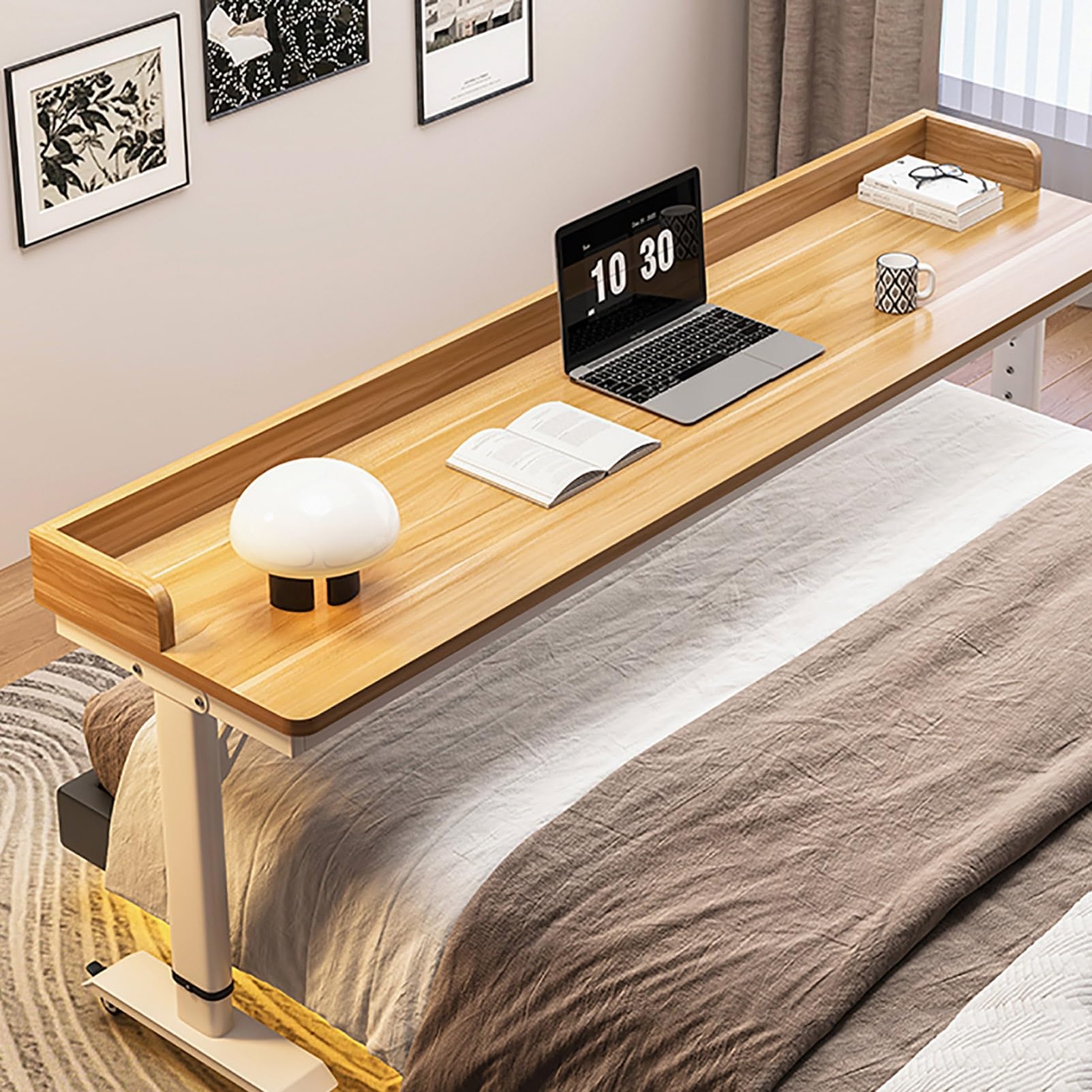 TRAGLO Mobile Over Bed Desk Overbed Table with Wheels 100/130/150cm Rolling Medical Table with Metal Leg Standing Laptop Cart for Bedroom Hospital(Light walnut+white frame,130cm)