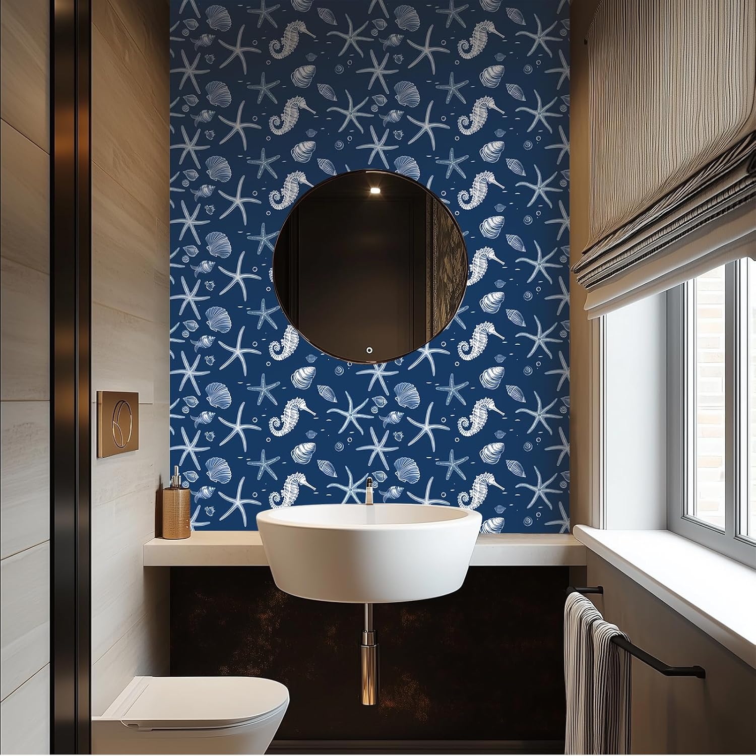 Ocean Sea Life Wallpaper Peel and Stick Vinyl Self-Adhesive Removable Contact Paper Starfish, Seahorse, and Shell Design for Walls Countertops Cabinets Home Decor 15.7x39.4