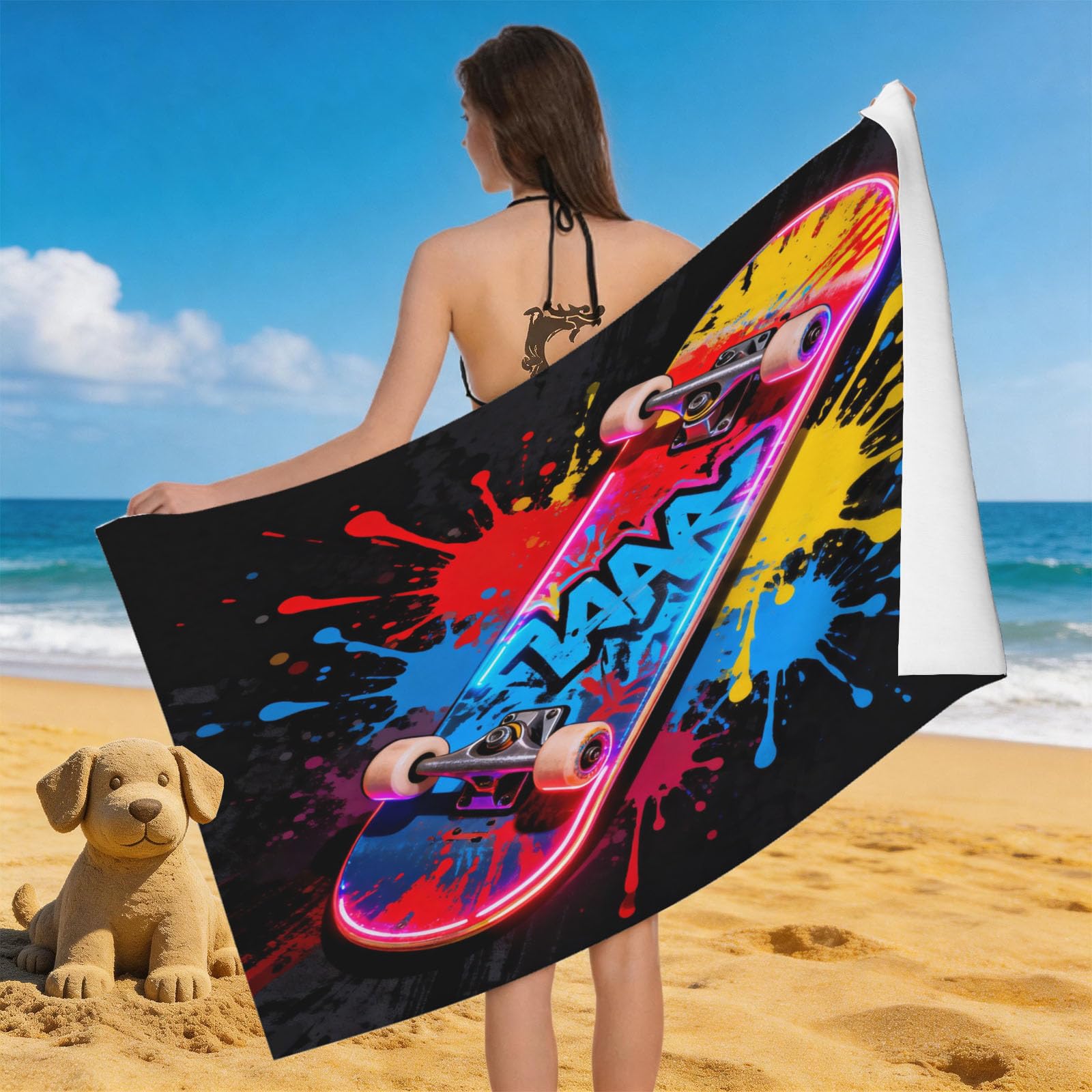 Leichong Men's Black 3D Street Skateboarding Beach Towel Microfiber Soft Quick Dry For Adults, Extreme Sport Bath Towel Lightweight Soft Absorbent For Travel Swimming Pool Sports, 75 X 150 Cm