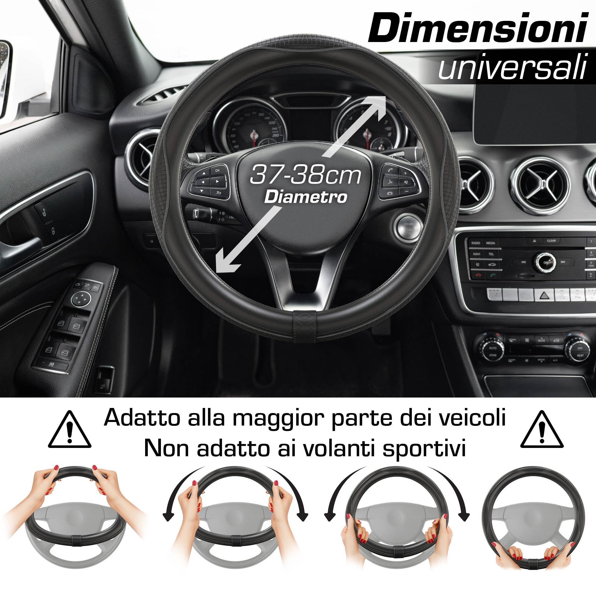 Upgrade4cars Coprivolante Auto Universale Nero in Finta Pelle | Copertura di Volante Diametro 37-38 cm | Accessori Auto Interno | Regali per Donna e Uomo