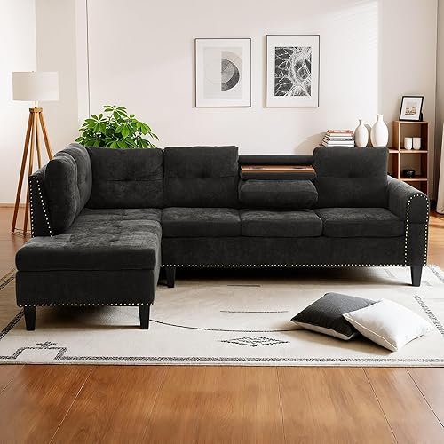 Sofá modular modular con portavasos, sofá modular en forma de L con diván y respaldo ajustable, moderno sofá de tela de lino para sala de estar,