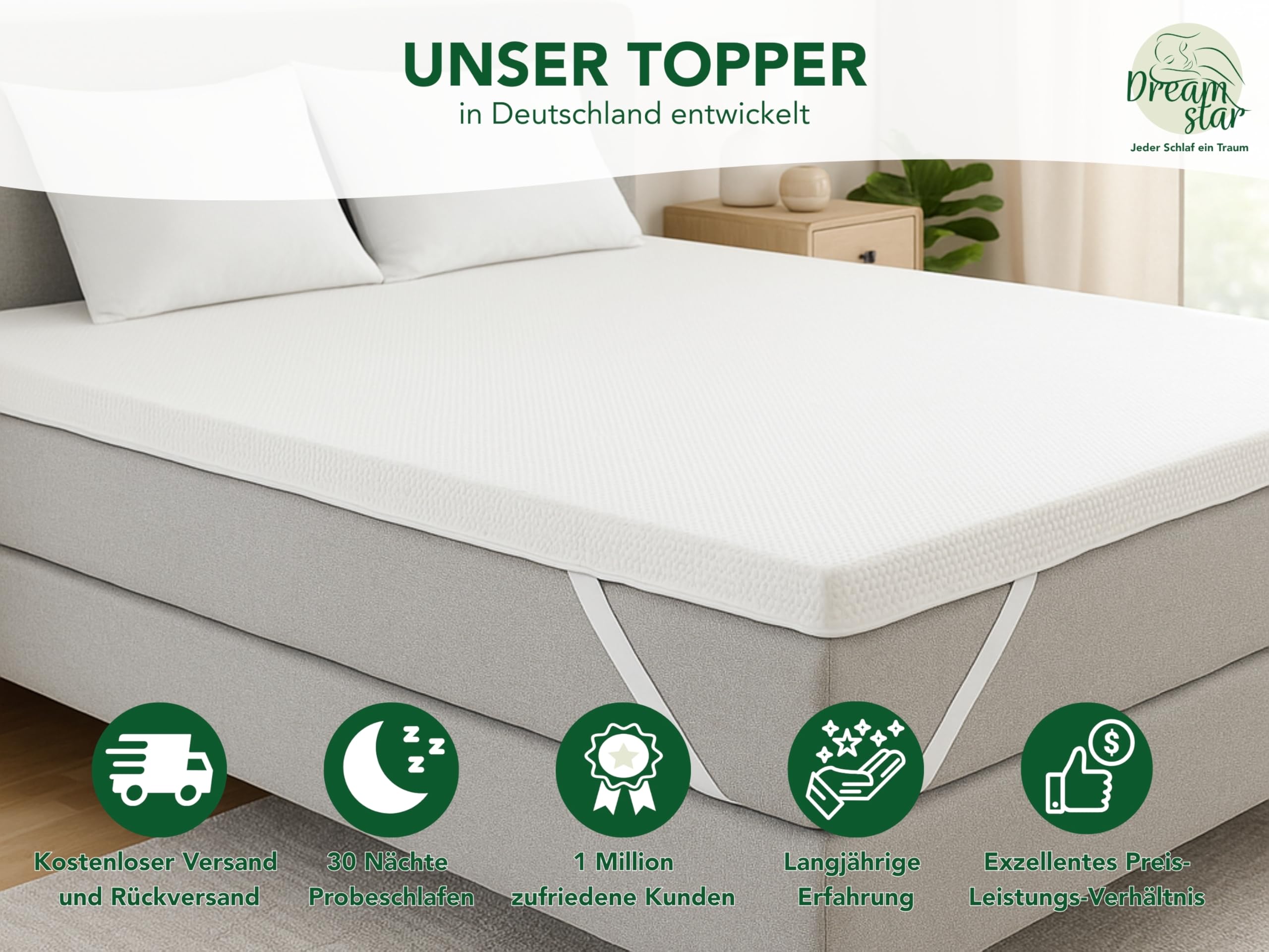 sleepling Topper 120 x 200 cm, koudschuim, 6 cm dik, orthopedische matrasoplegger, voor alle matrassen en bedden, Gemaakt in de EU, Ökotex, wasbaar tot 60 graden