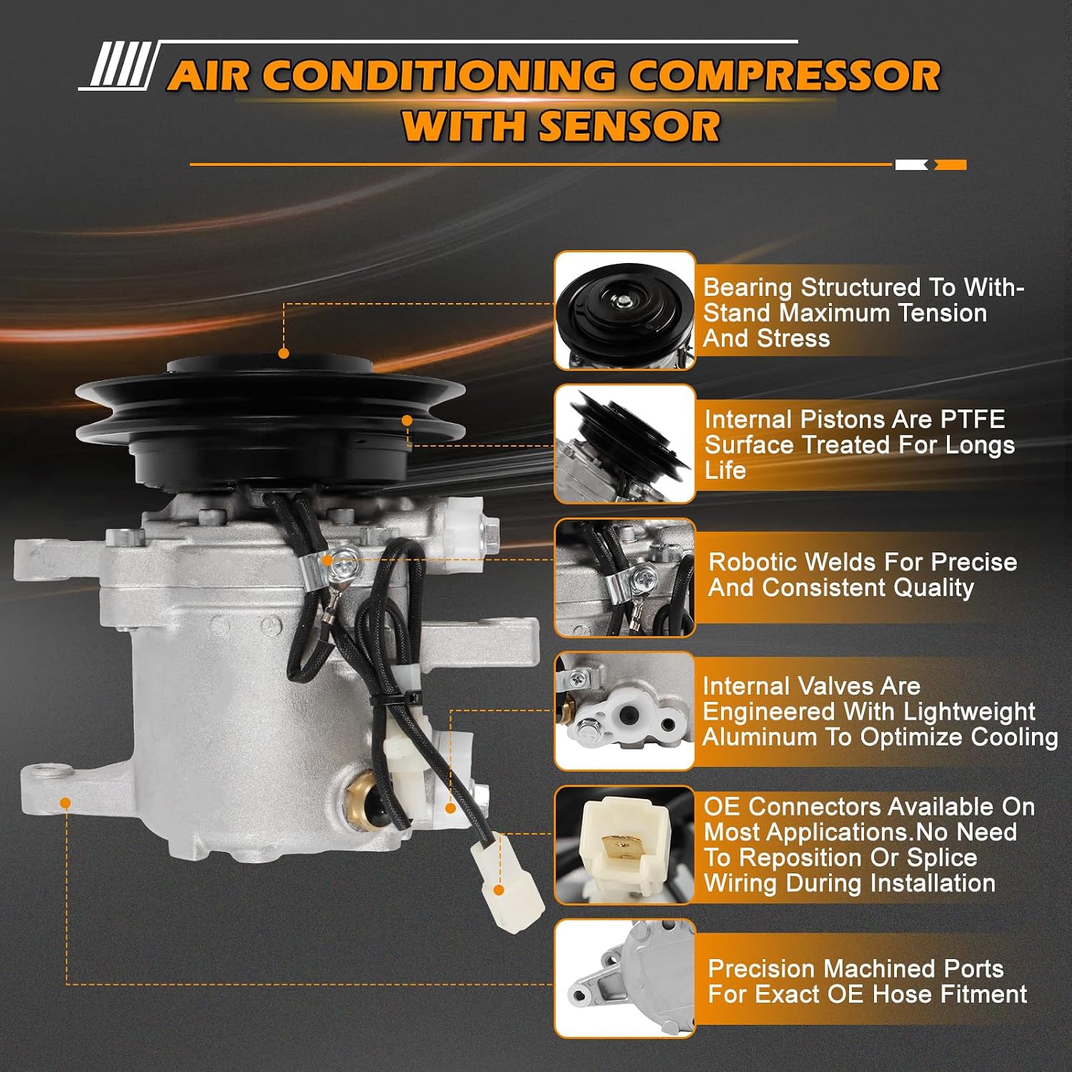 12V SVO7E 1PK 447260-5781 3C581-50060 447220-6771 Air Conditioning Compressor with Sensor AC Compressor Compatible with Kubota M108 M110 M108S M5040 M6040 M7040 M8540 M9540 M96S Tractor
