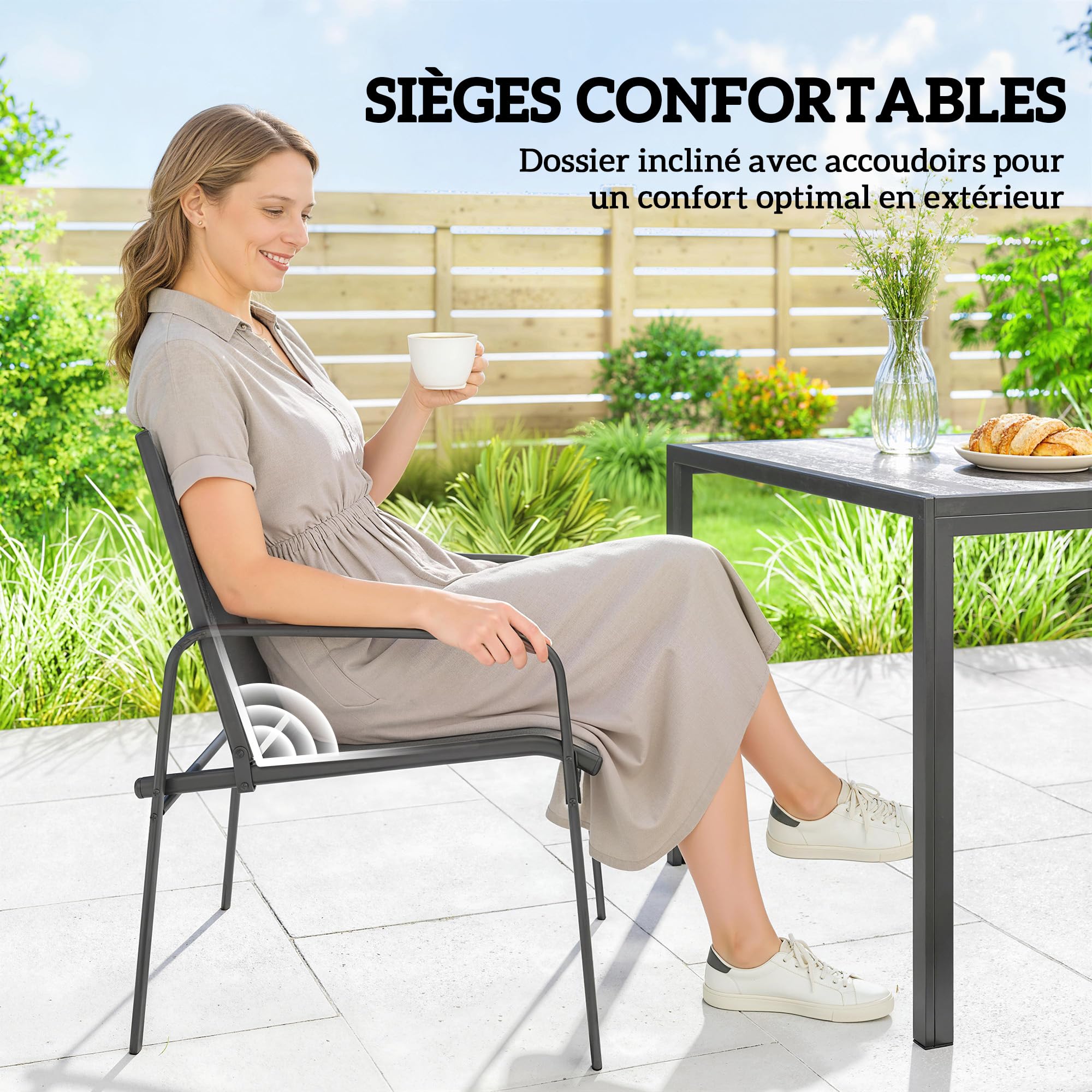 Outsunny Ensemble de Salle à Manger Extérieur 7 Pièces pour 6 Personnes, Table de Patio Effet Bois et Chaises avec Assise en Maille Respirante, Mobilier de Jardin avec Cadre en Acier Galvanisé, Noir