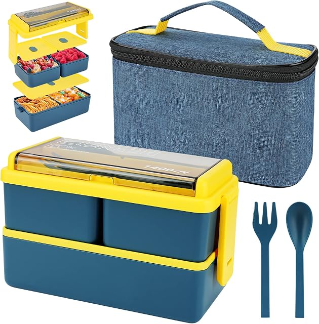1400ml Lunch Box with 3 Compartments - 2 Layer Leak Proof Bento Box with Insulated Bag and Cutlery, Meal Prep Container Box for Adults Kids Students Office Microwave Dishwasher Safe Available (Blue)