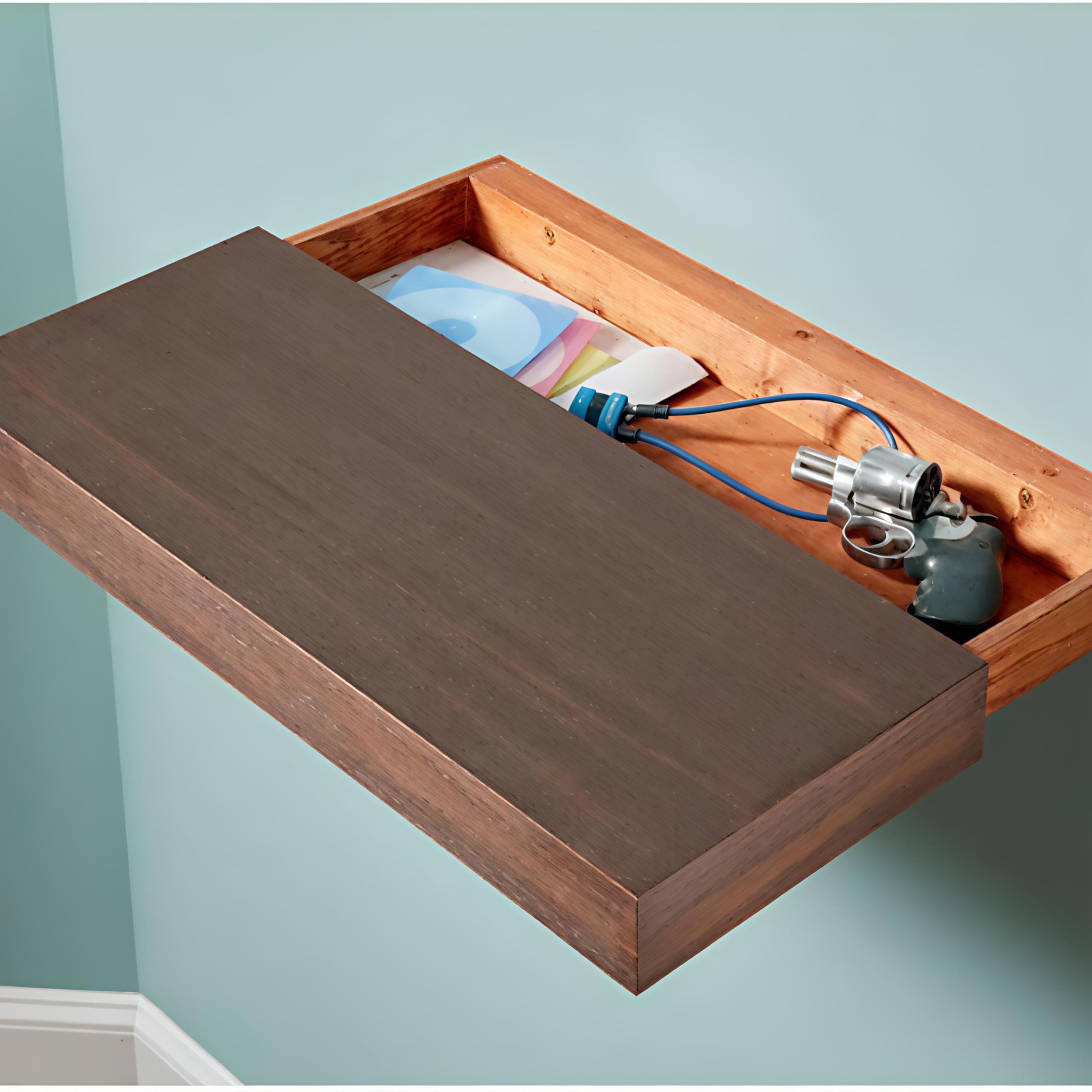 Floating Shelf with Hidden Drawer, Wall Mounted Storage Compartment, Wood Finish-image-13