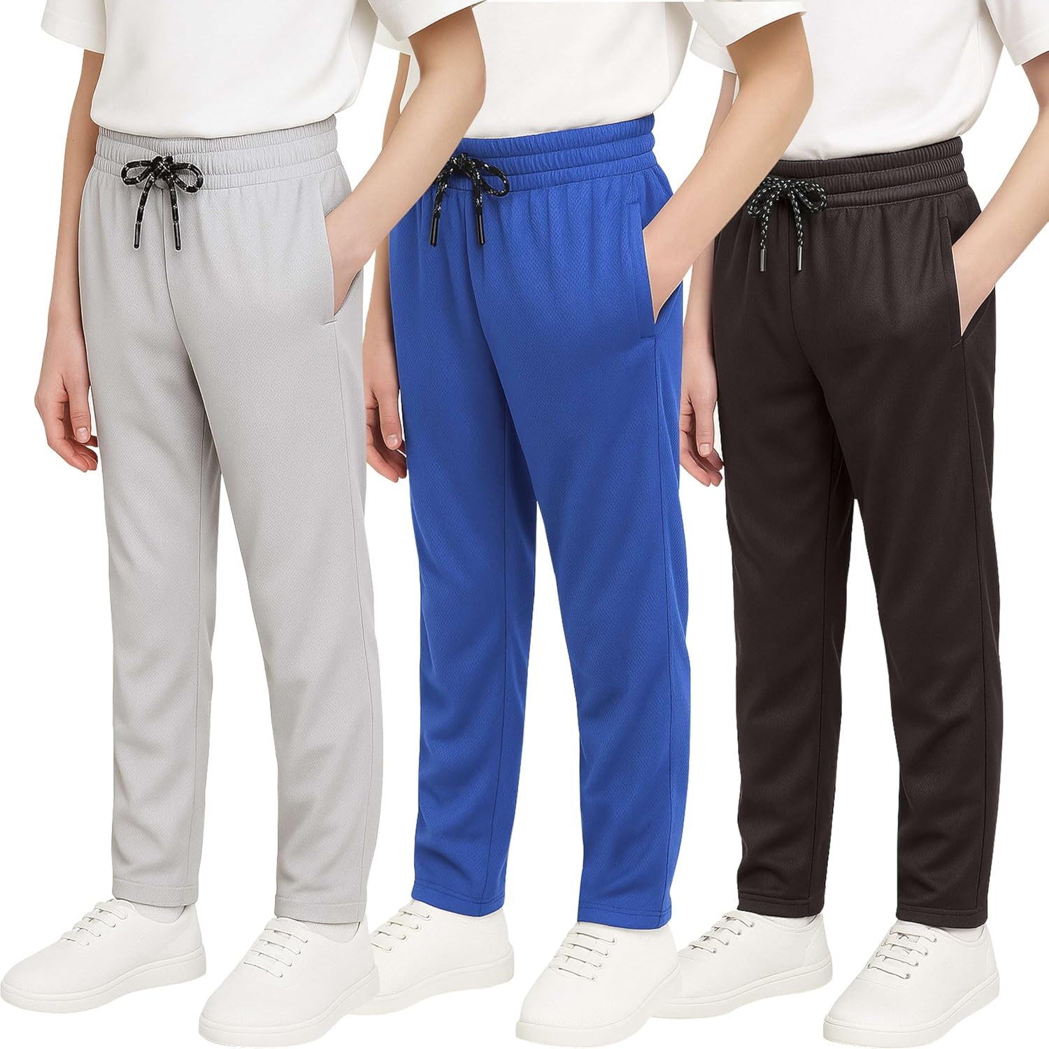 Real Essentials 3 Pack: Boys' Mesh Open Bottom Active Sweatpants with Pockets & Drawstring
