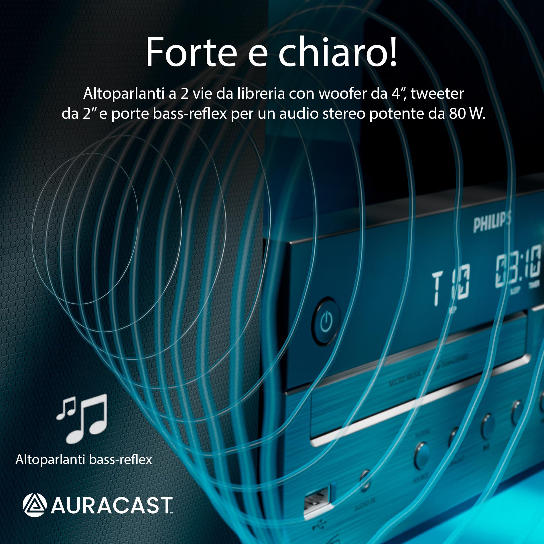 Philips TAM4555M2 Sistema Micro Hi-Fi – 100W, Altoparlanti Bass Reflex, DAB+/FM, CD, USB, Audio-in, Bluetooth 5.4, Auracast, Telecomando, Digital Sound Preset, Imballaggio ecologico
