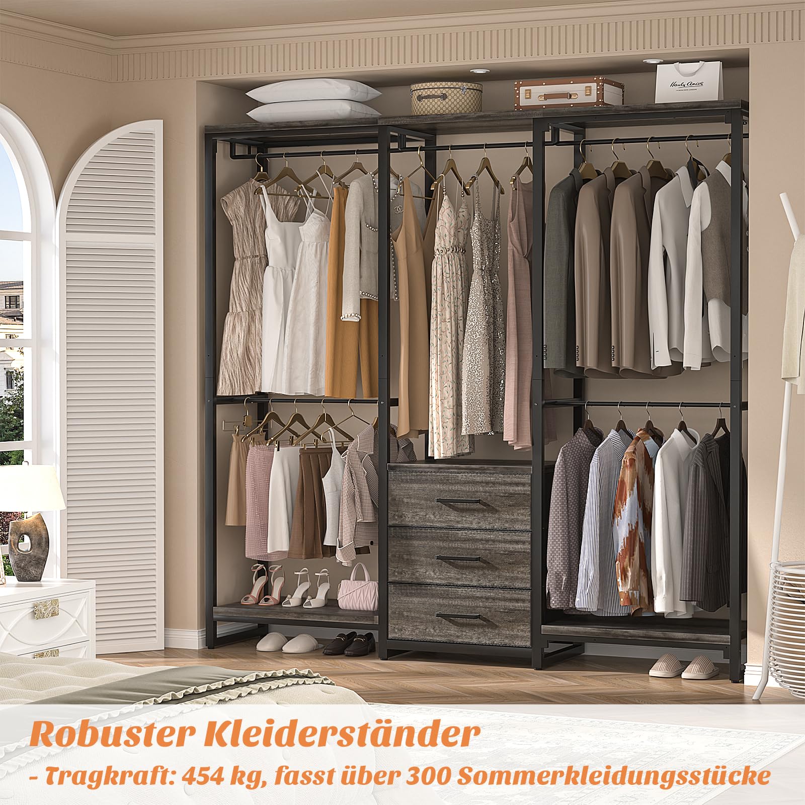 iSunirm Kleiderständer,Robuster Kleiderständer,Kleiderständer mit Schubladen,Freistehender Kleiderschrank,Eck-L-förmiges Schranksystem,Schwarze Eiche