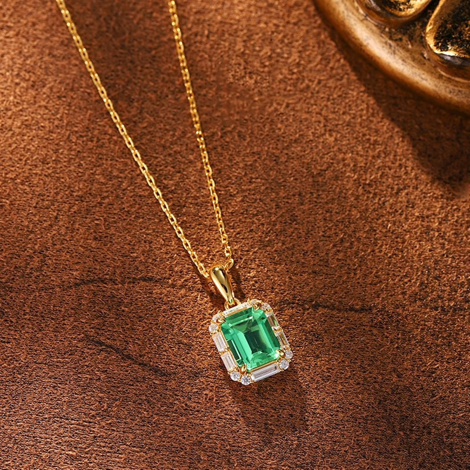 Collana da donna per matrimonio, collana da donna, anniversario, rettangolo con 2 carati in laboratorio, smeraldo e moissanite oro giallo