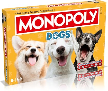 Winning Moves Dogs Monopoly Board Game English Edition, Play with your favourite canines from Pomeranian, Siberian Husky and Shiba Inu, Fun family board game for ages 8 and up