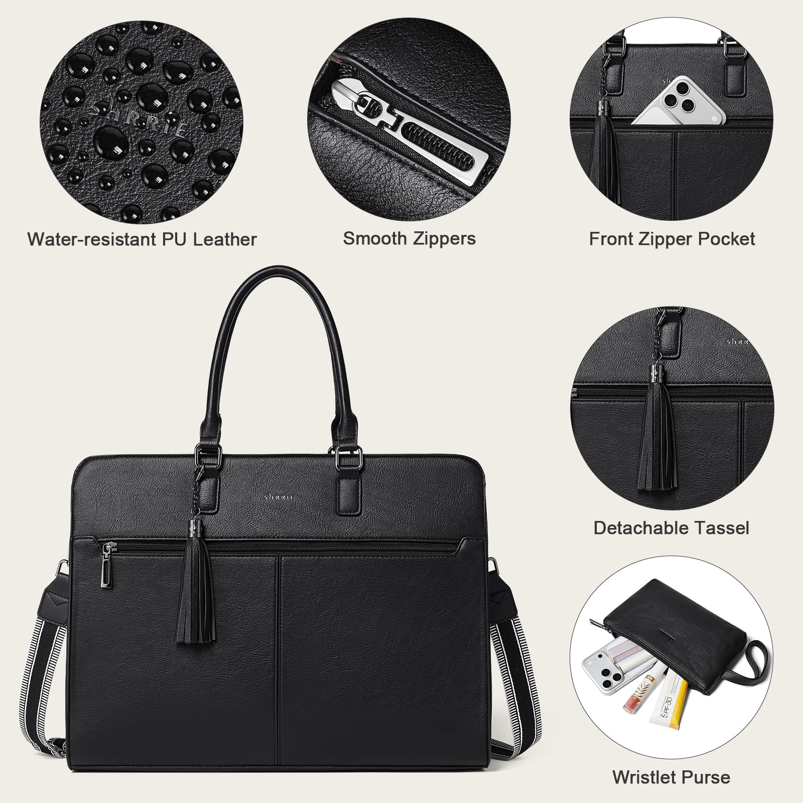Shrrie Bolsa para Portátil Mujer 15.6 Pulgadas, Bolso de Cuero PU Impermeable con Correas Dobles y Bolso Embrague, Bolso Bandolera Shopper Multiusos para Oficina Universidad Trabajo Diario