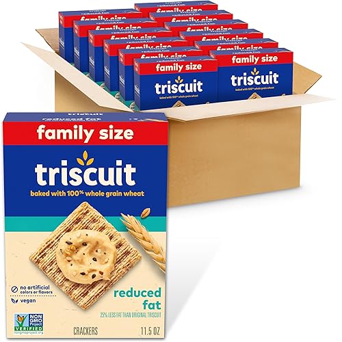 Triscuit Galletas de trigo integral de grano entero reducido en grasa, galletas veganas, tamaño familiar, cajas de 12 - 11.5 onzas