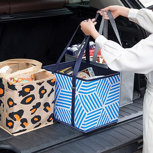 Miniatura 7 de Bolsas de comestibles reutilizables, caja de compras resistente, plegable, ahorra espacio, bolsa de mano con asas largas, 3 unidades