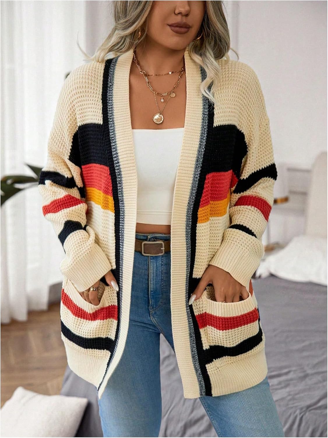 WDIRARA Women's Plus Size Striped Cardigan Sweaters Open Front Long Sleeve Loose Knit Outerwear with Pockets - Image 2
