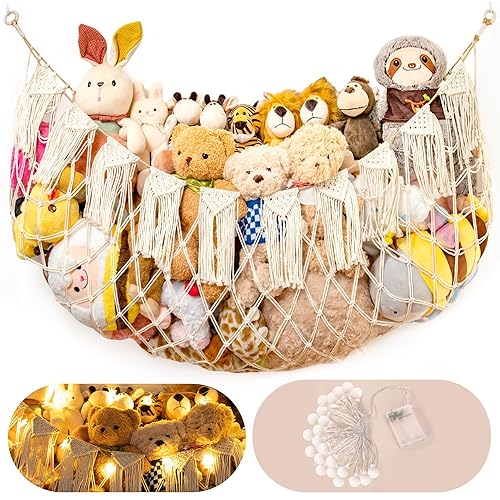 Hamaca de red para animales de peluche con luces  Almacenamiento grande para colgar en la pared para peluches y osos de peluche, organizador de