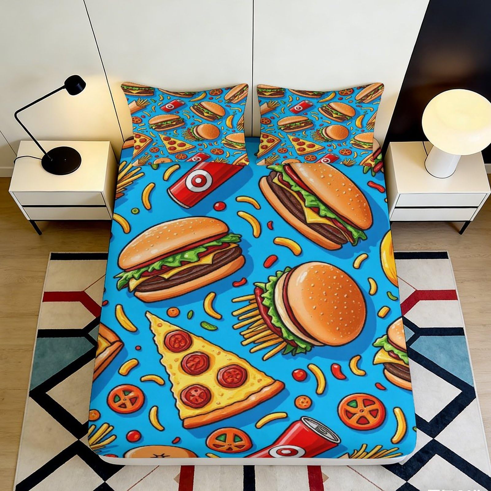 3D Printed Fast Food Pattern Fitted Sheet Microfiber Soft Snack Pizza Burger Bed Cover for Bedroom Guest Room Decor 90x200x25cm